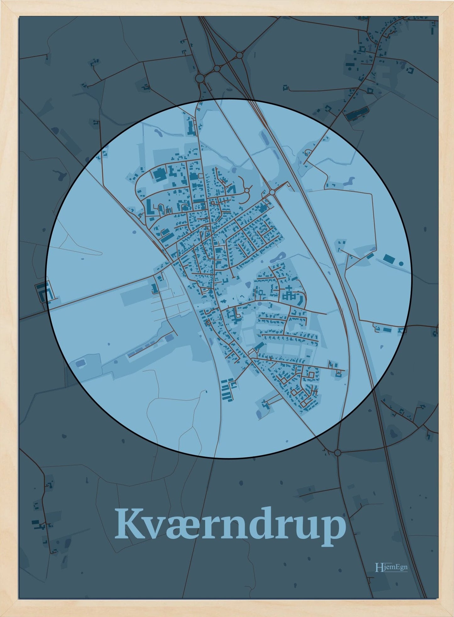 Kværndrup plakat i farve pastel blå og HjemEgn.dk design centrum. Design bykort for Kværndrup