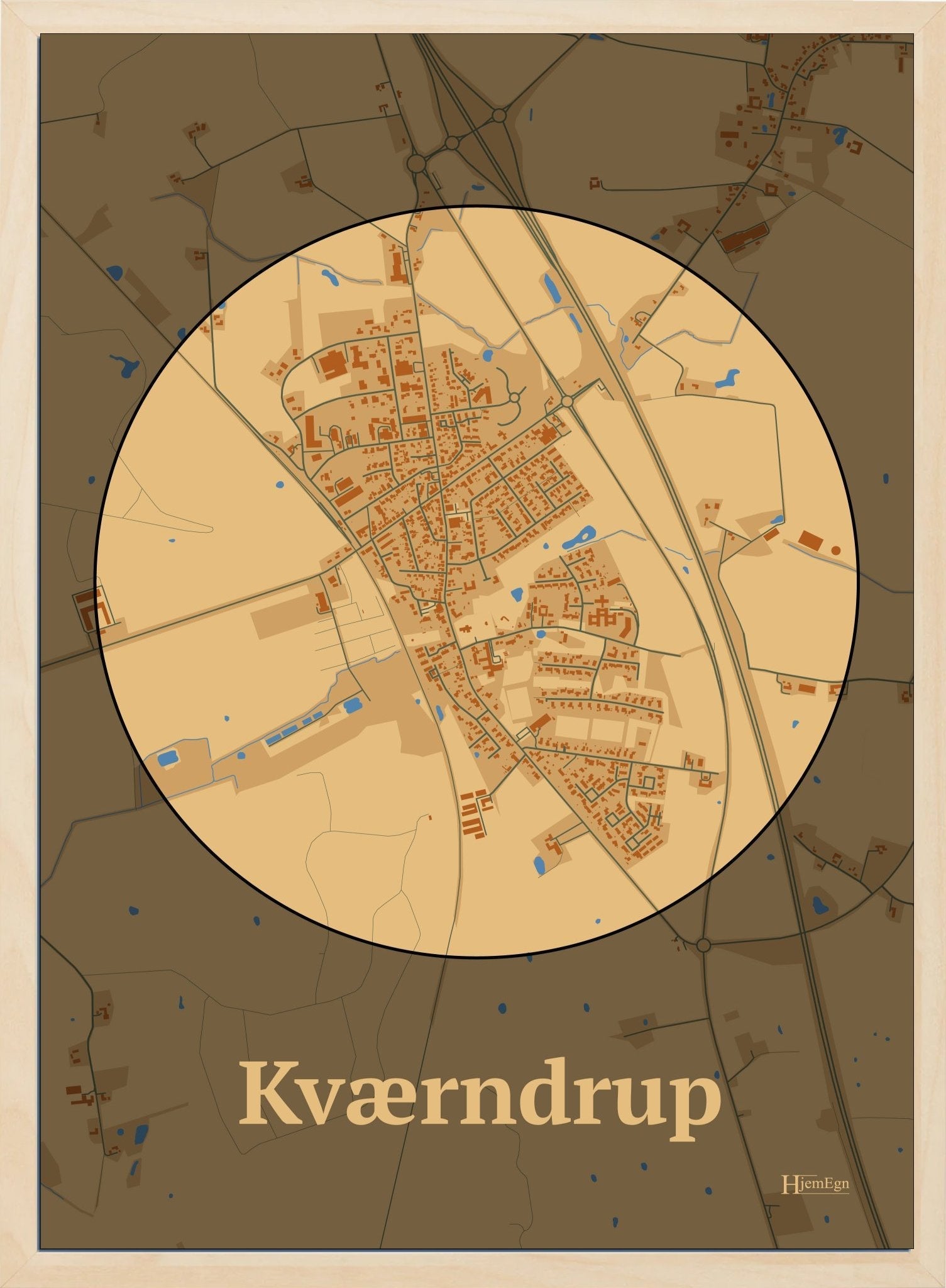 Kværndrup plakat i farve pastel brun og HjemEgn.dk design centrum. Design bykort for Kværndrup