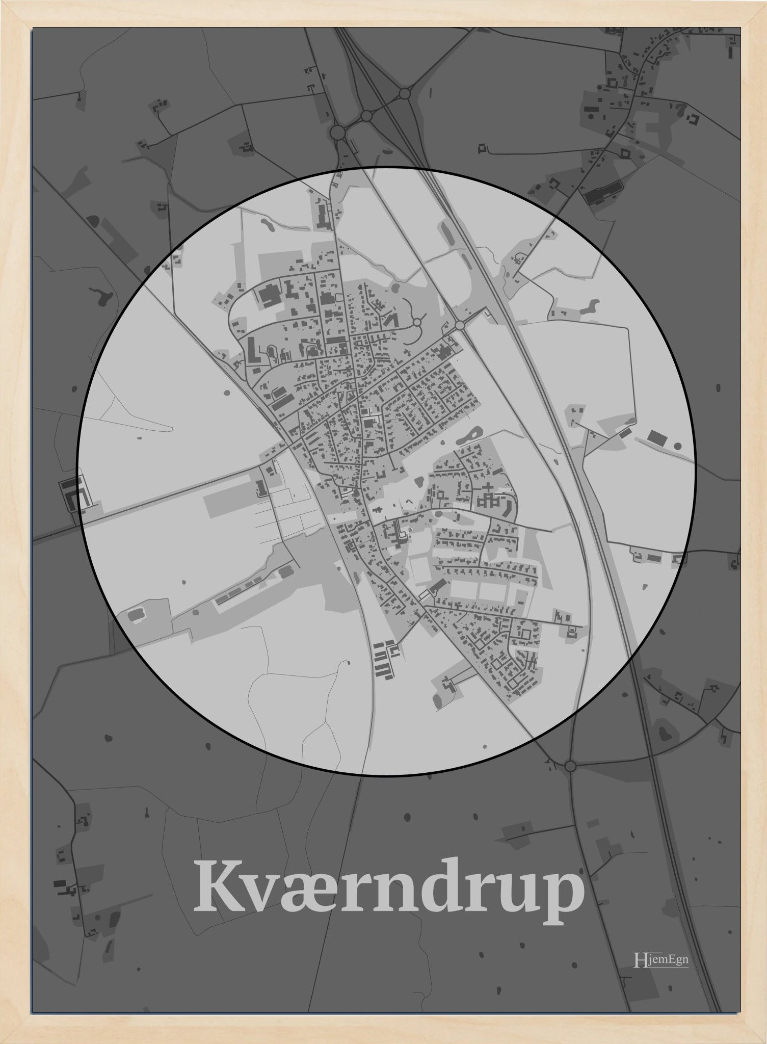 Kværndrup plakat i farve pastel grå og HjemEgn.dk design centrum. Design bykort for Kværndrup