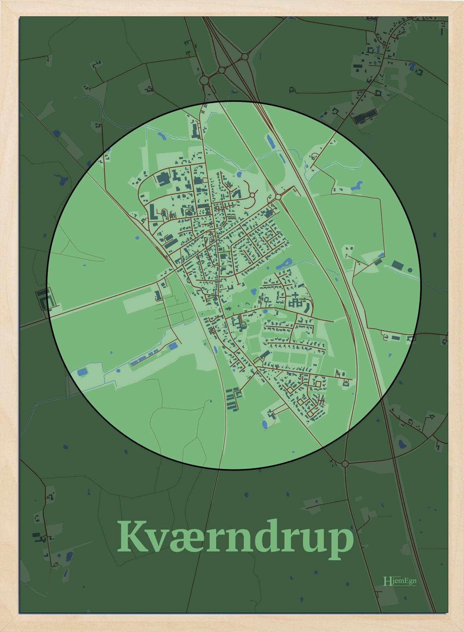 Kværndrup plakat i farve pastel grøn og HjemEgn.dk design centrum. Design bykort for Kværndrup
