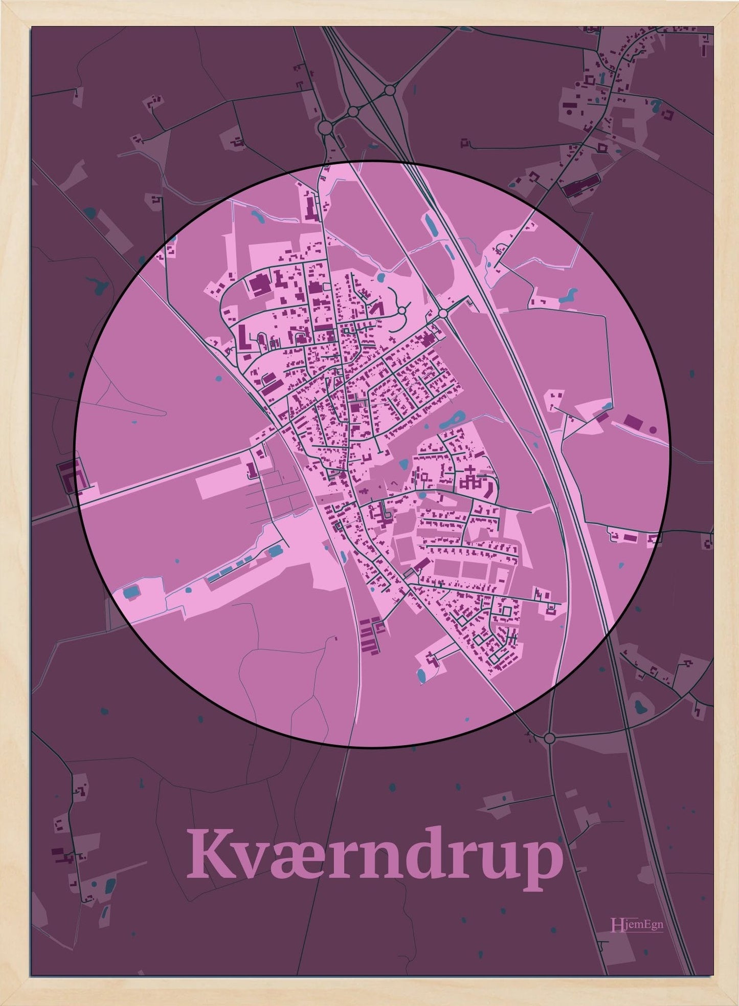 Kværndrup plakat i farve pastel rød og HjemEgn.dk design centrum. Design bykort for Kværndrup