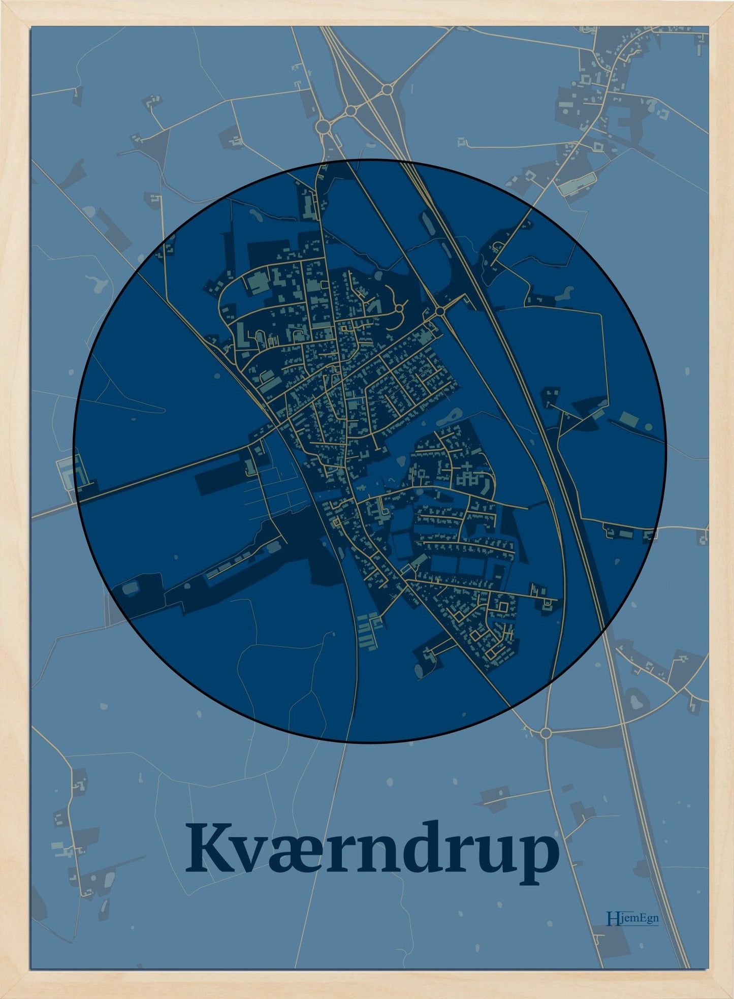 Kværndrup plakat i farve mørk blå og HjemEgn.dk design centrum. Design bykort for Kværndrup