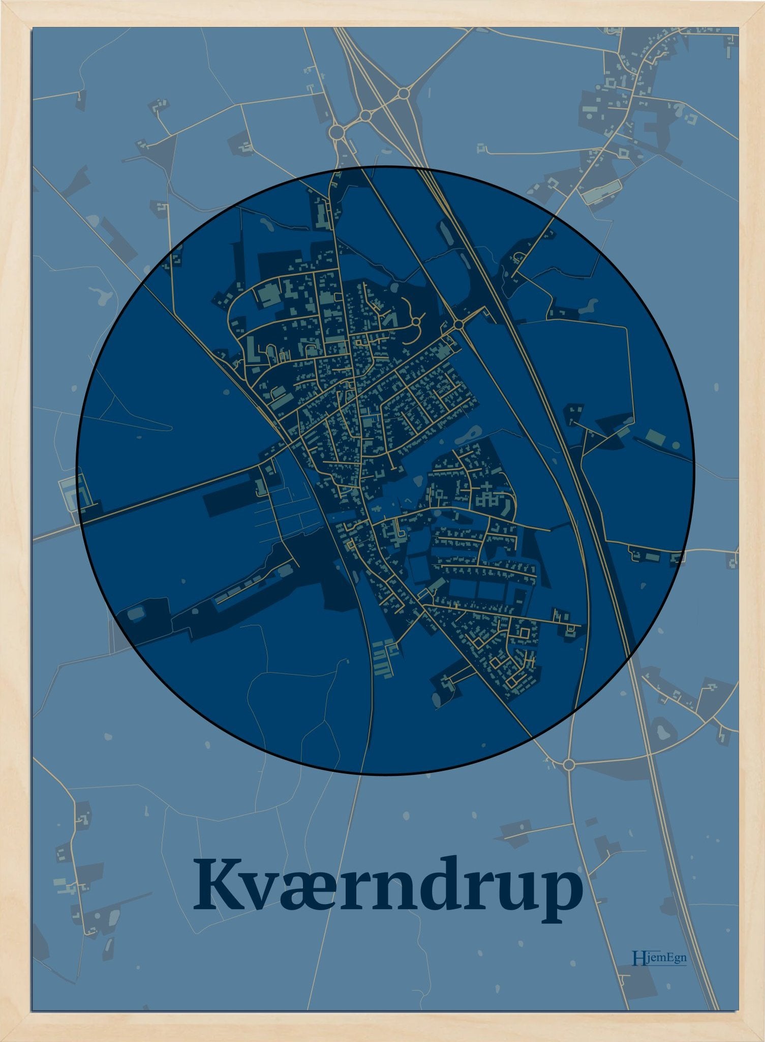 Kværndrup plakat i farve mørk blå og HjemEgn.dk design centrum. Design bykort for Kværndrup