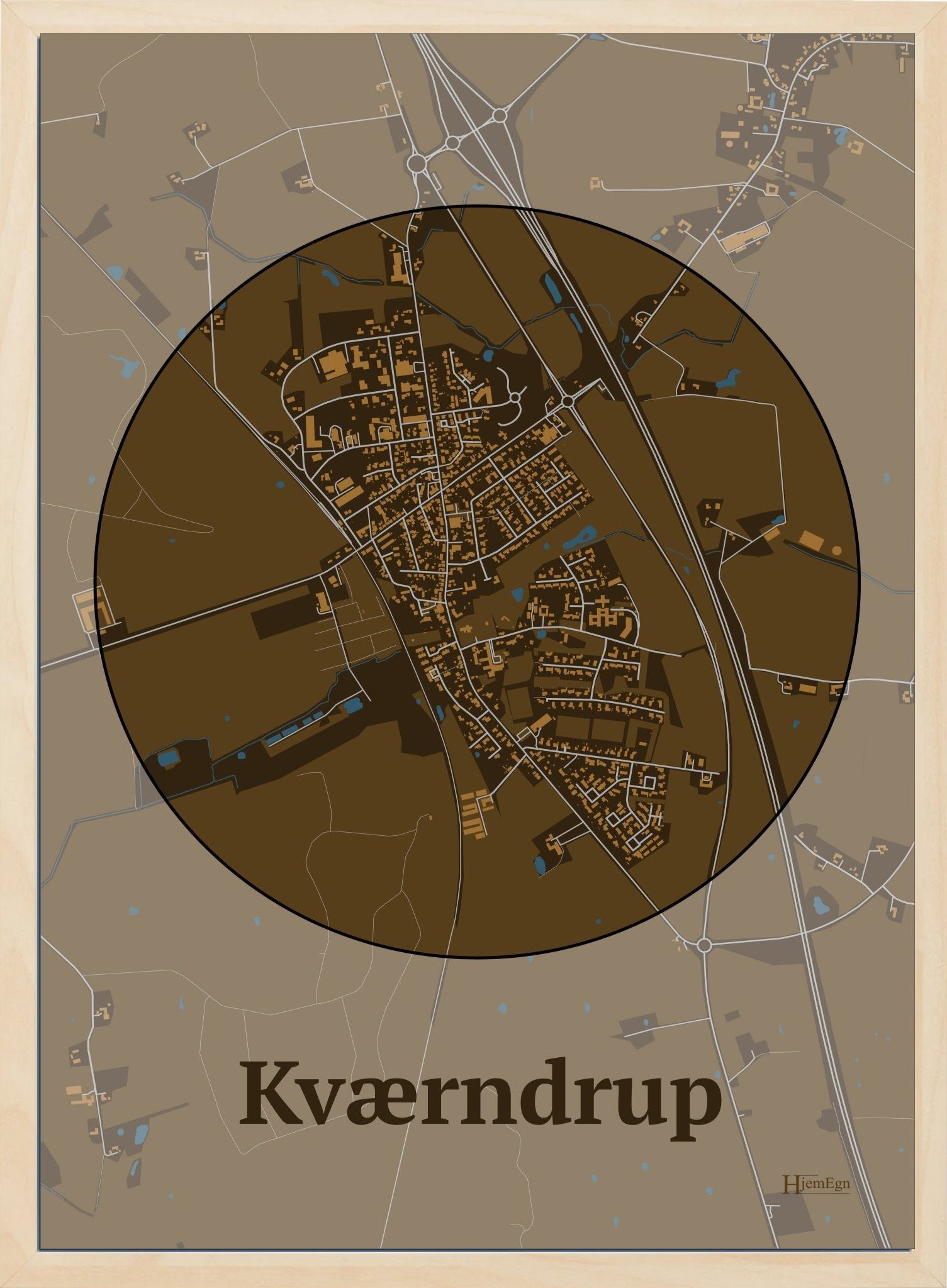 Kværndrup plakat i farve mørk brun og HjemEgn.dk design centrum. Design bykort for Kværndrup