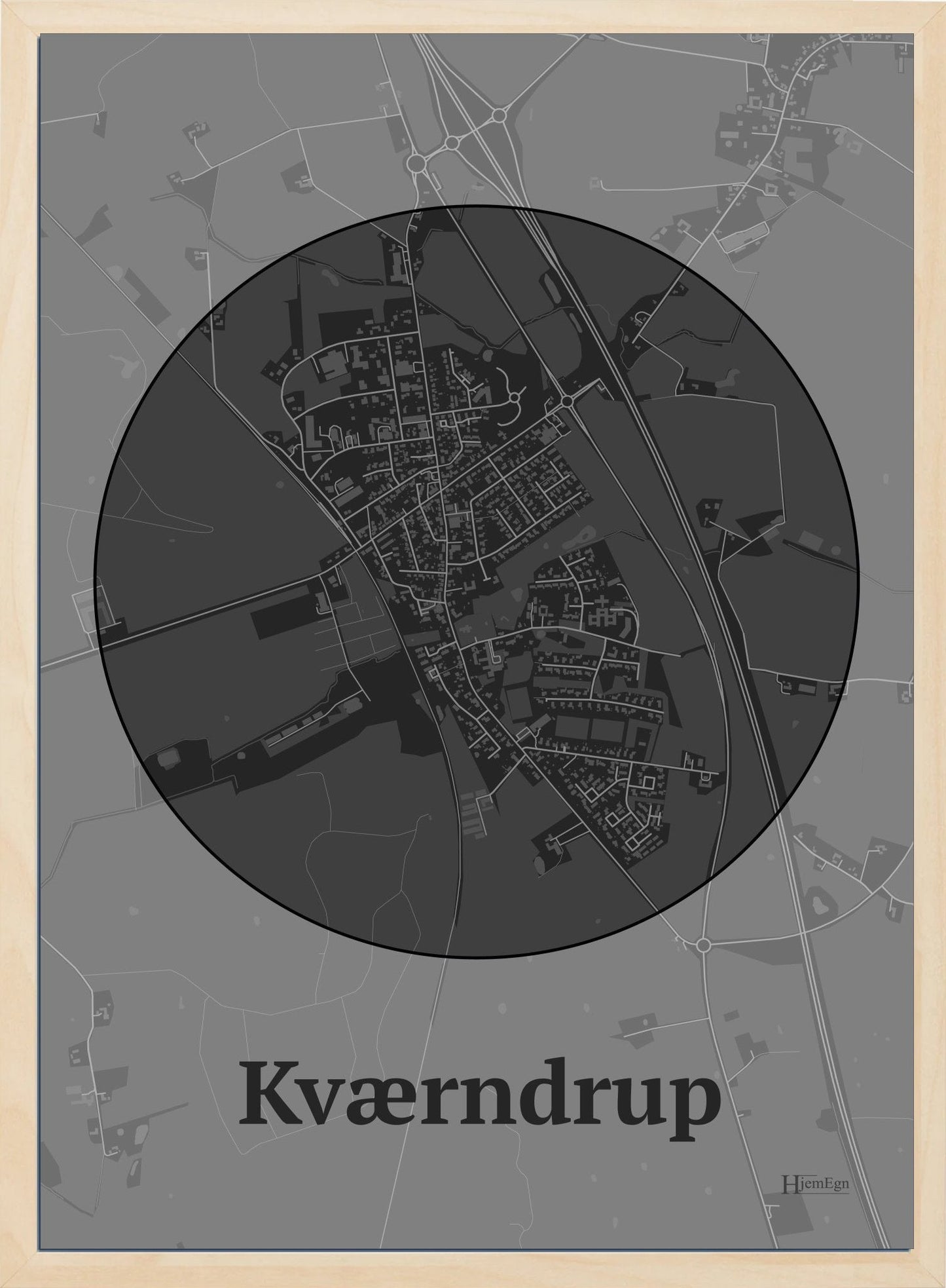 Kværndrup plakat i farve mørk grå og HjemEgn.dk design centrum. Design bykort for Kværndrup