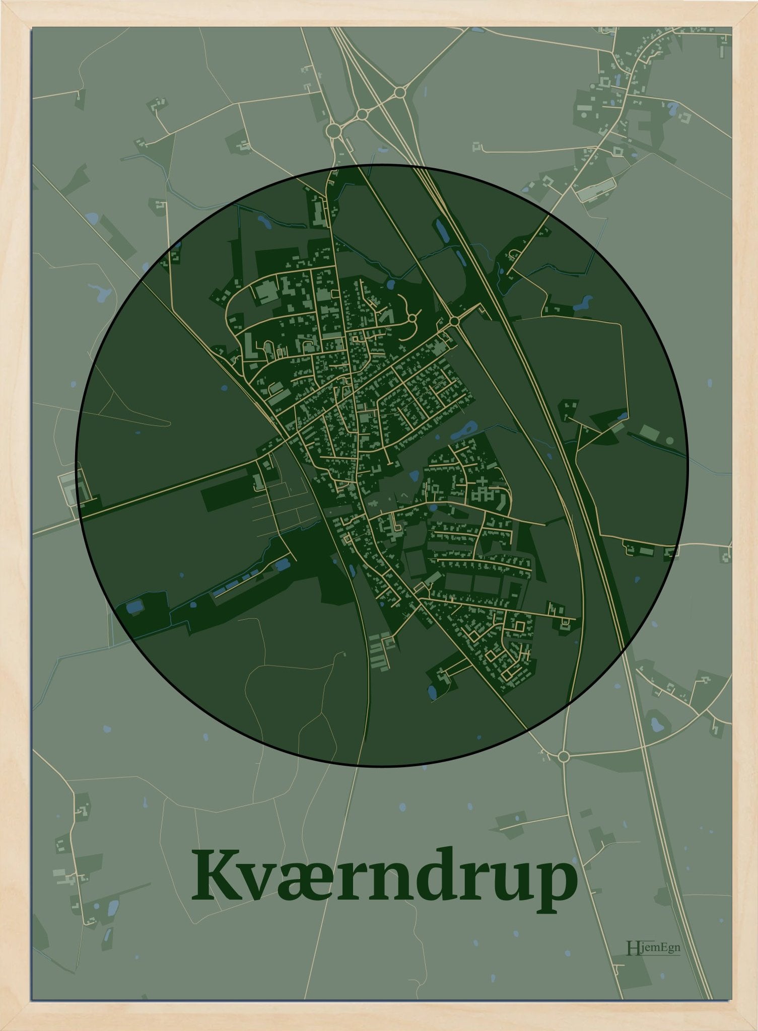 Kværndrup plakat i farve mørk grøn og HjemEgn.dk design centrum. Design bykort for Kværndrup