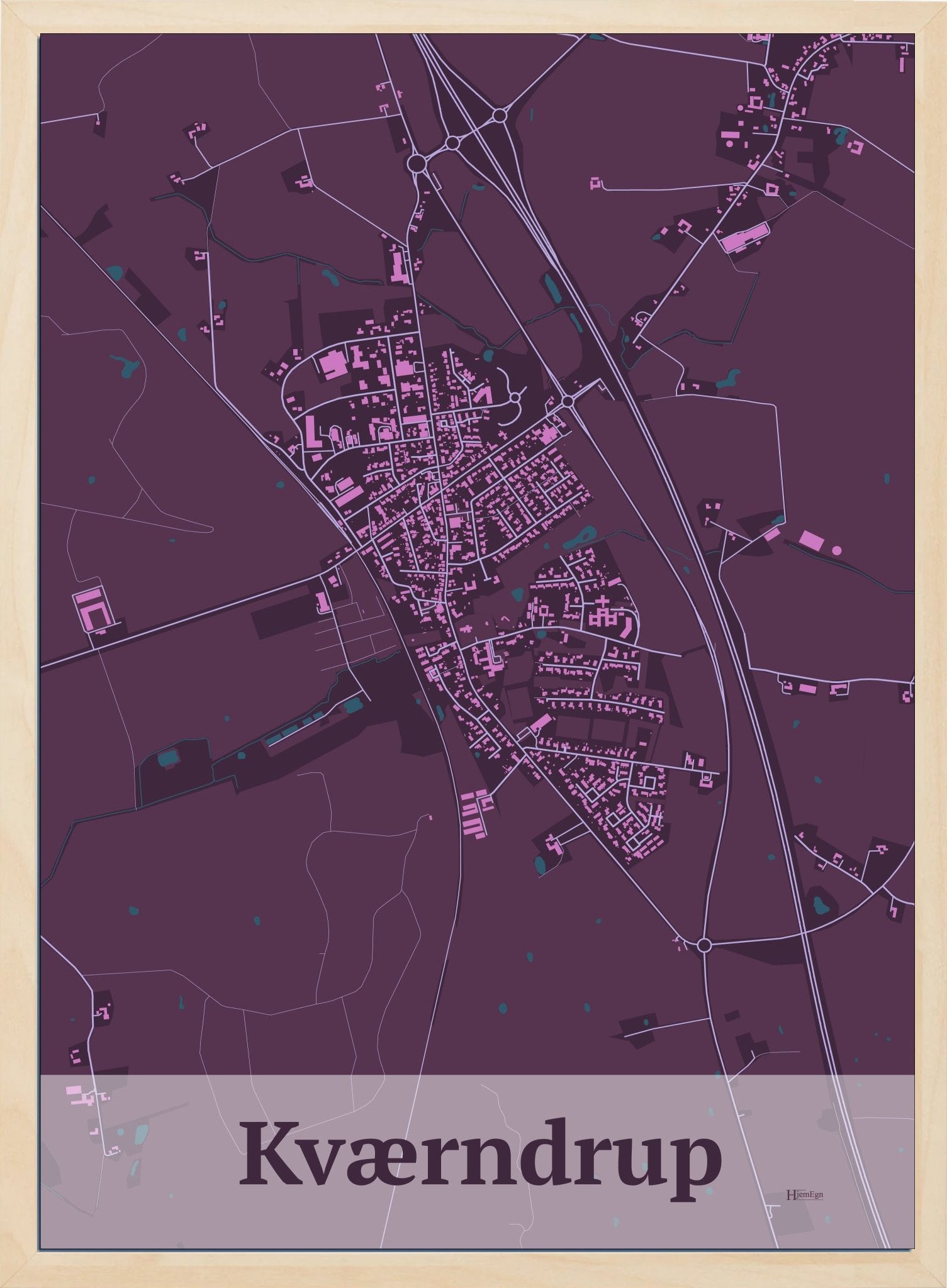 Kværndrup plakat i farve mørk rød og HjemEgn.dk design firkantet. Design bykort for Kværndrup