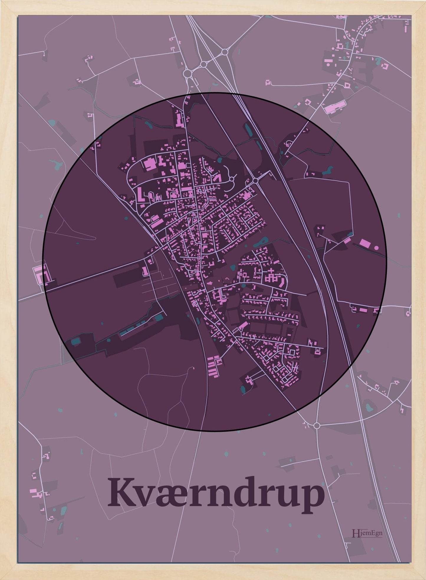 Kværndrup plakat i farve mørk rød og HjemEgn.dk design centrum. Design bykort for Kværndrup