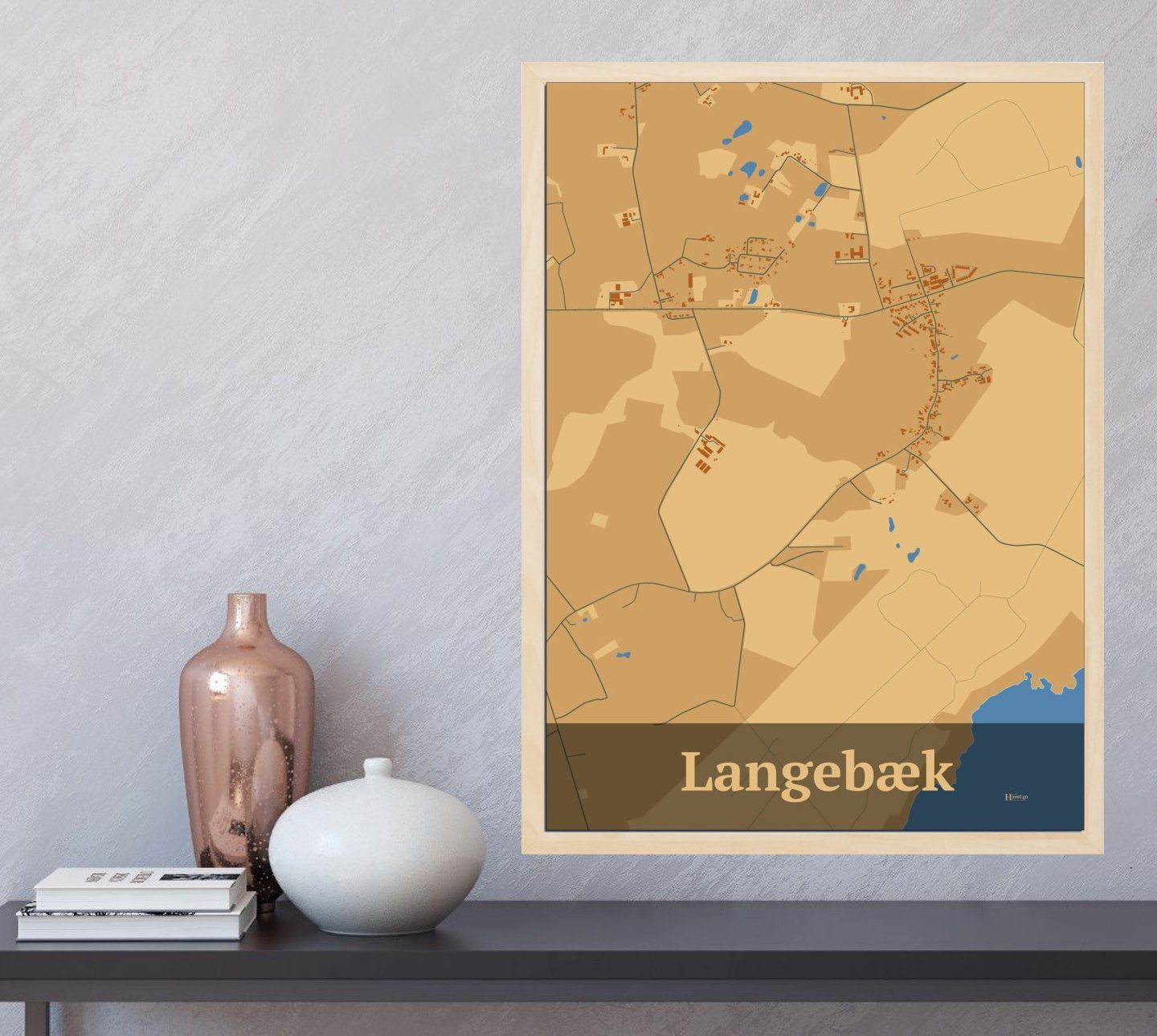 Langebæk plakat i farve  og HjemEgn.dk design firkantet. Design bykort for Langebæk