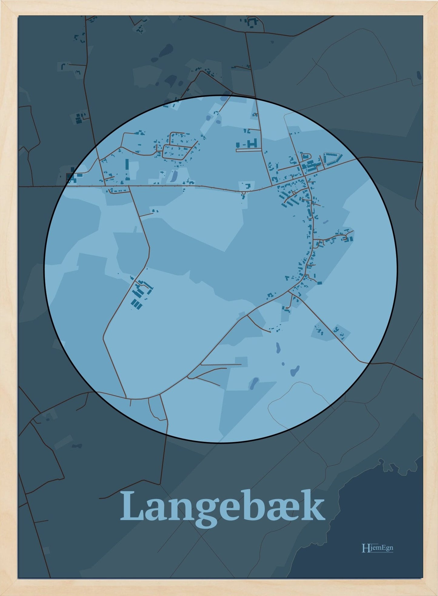 Langebæk plakat i farve pastel blå og HjemEgn.dk design centrum. Design bykort for Langebæk