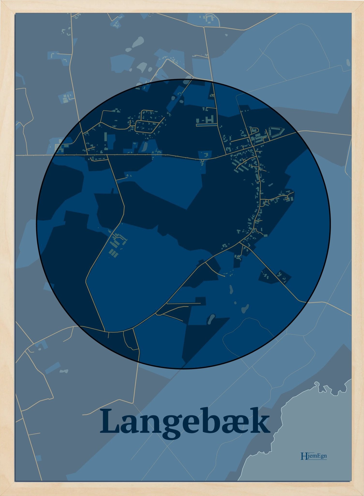 Langebæk plakat i farve mørk blå og HjemEgn.dk design centrum. Design bykort for Langebæk