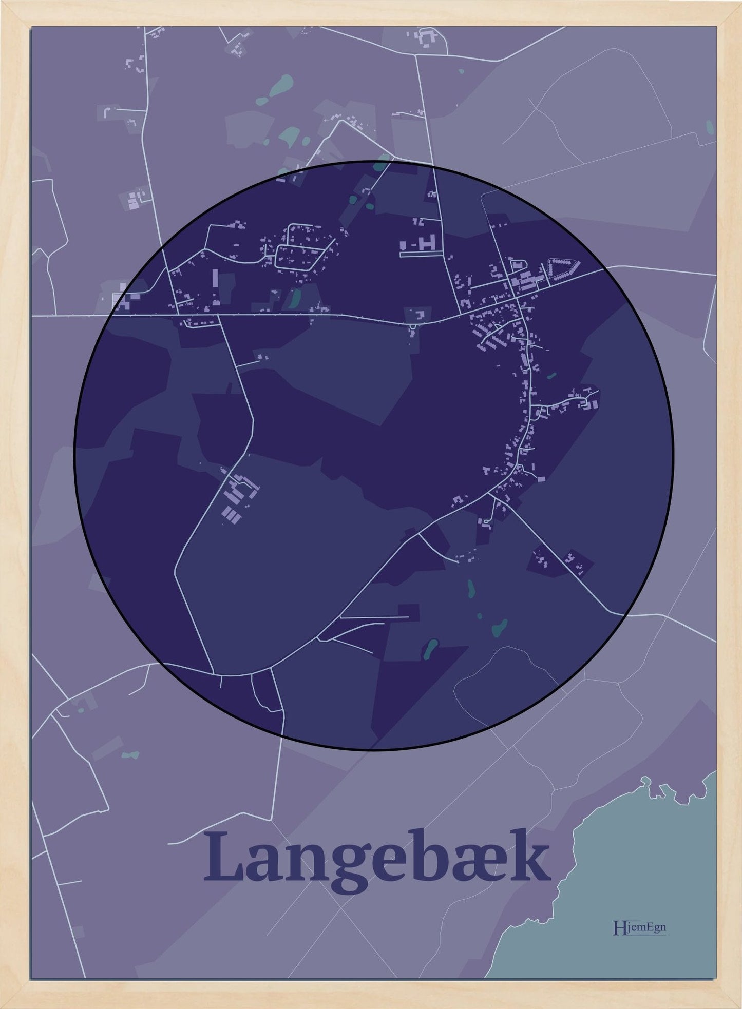 Langebæk plakat i farve mørk lilla og HjemEgn.dk design centrum. Design bykort for Langebæk