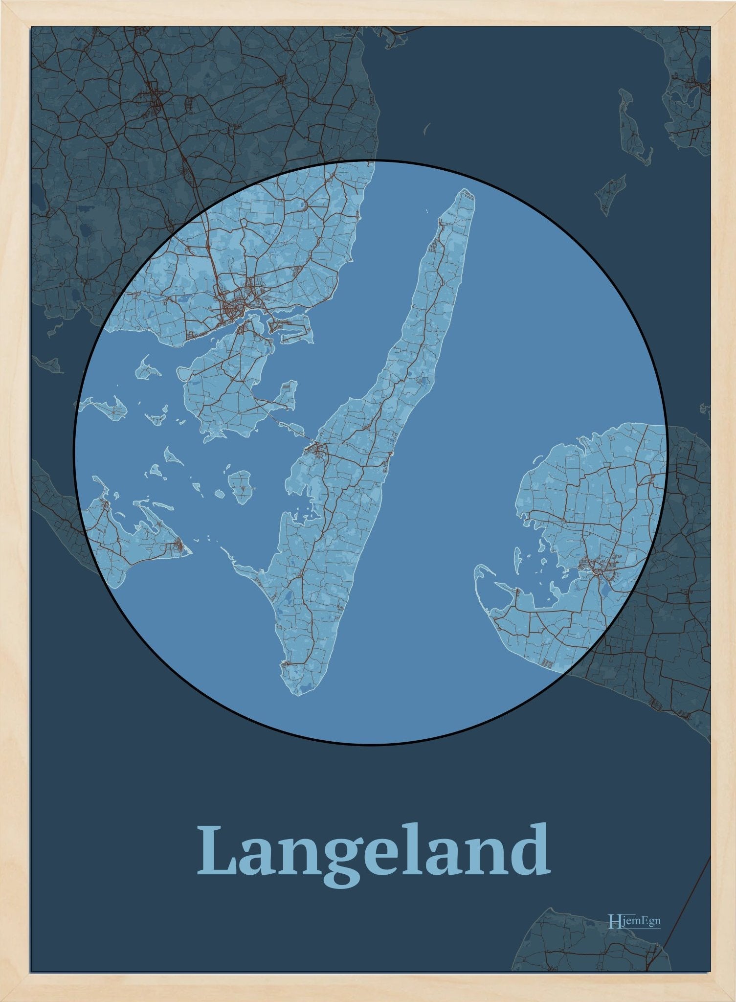 Langeland plakat i farve pastel blå og HjemEgn.dk design centrum. Design ø-kort for Langeland