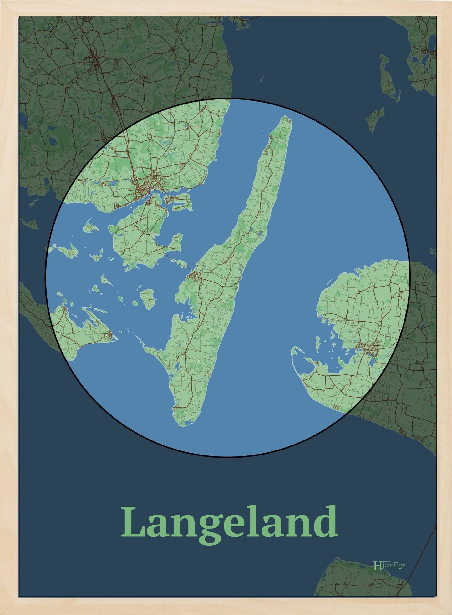 Langeland plakat i farve pastel grøn og HjemEgn.dk design centrum. Design ø-kort for Langeland