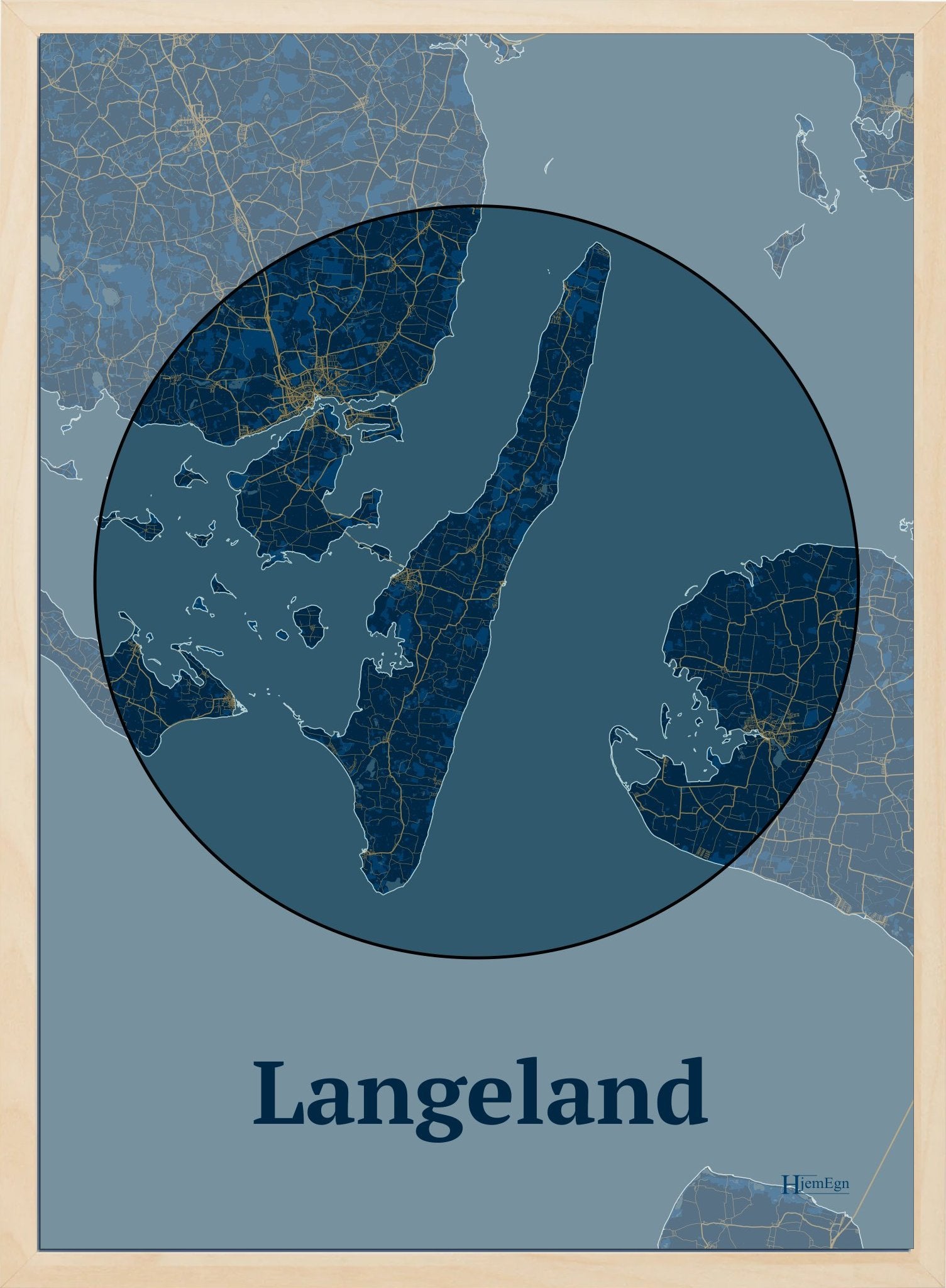 Langeland plakat i farve mørk blå og HjemEgn.dk design centrum. Design ø-kort for Langeland
