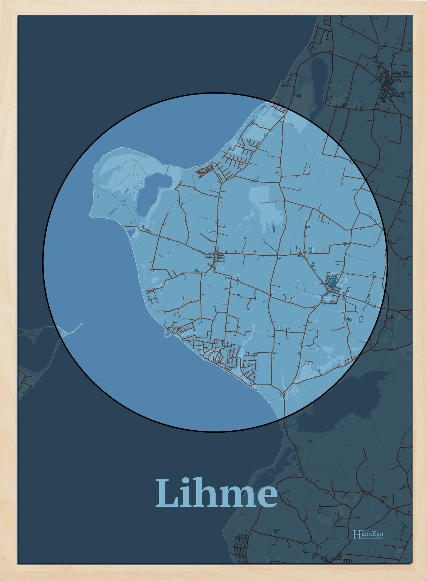 Lihme plakat i farve pastel blå og HjemEgn.dk design centrum. Design bykort for Lihme