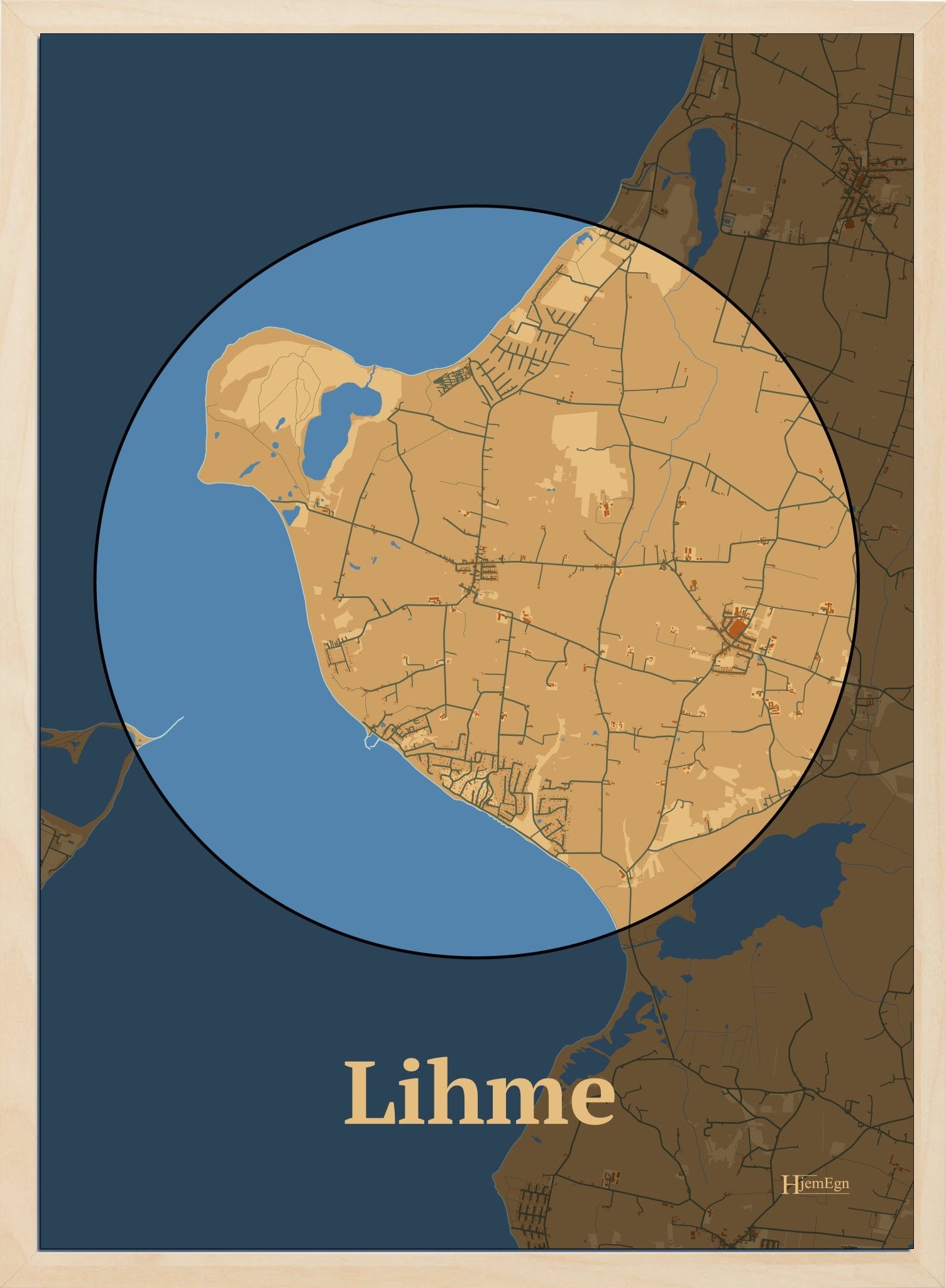 Lihme plakat i farve pastel brun og HjemEgn.dk design centrum. Design bykort for Lihme