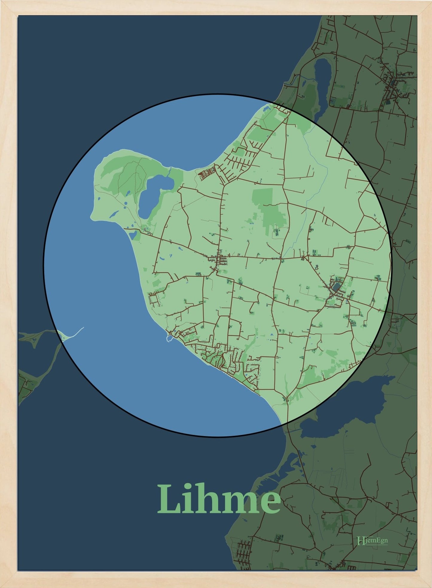 Lihme plakat i farve pastel grøn og HjemEgn.dk design centrum. Design bykort for Lihme