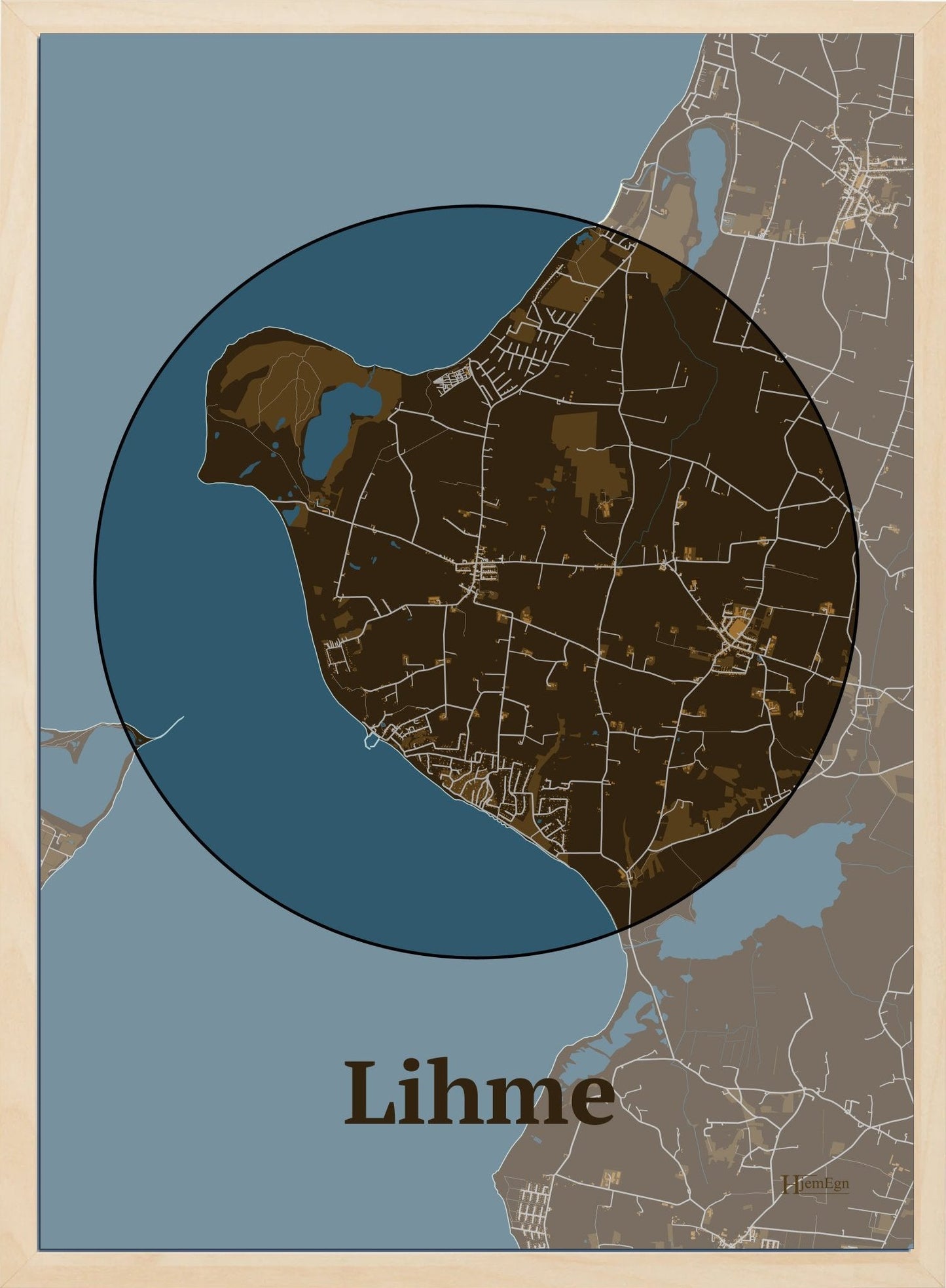 Lihme plakat i farve mørk brun og HjemEgn.dk design centrum. Design bykort for Lihme