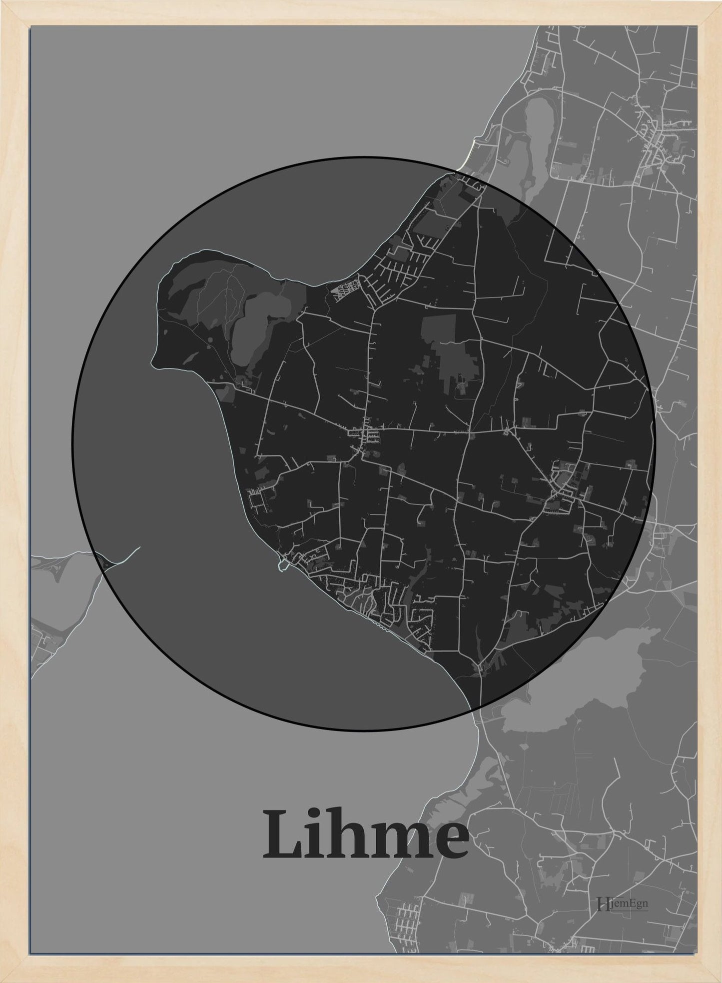 Lihme plakat i farve mørk grå og HjemEgn.dk design centrum. Design bykort for Lihme