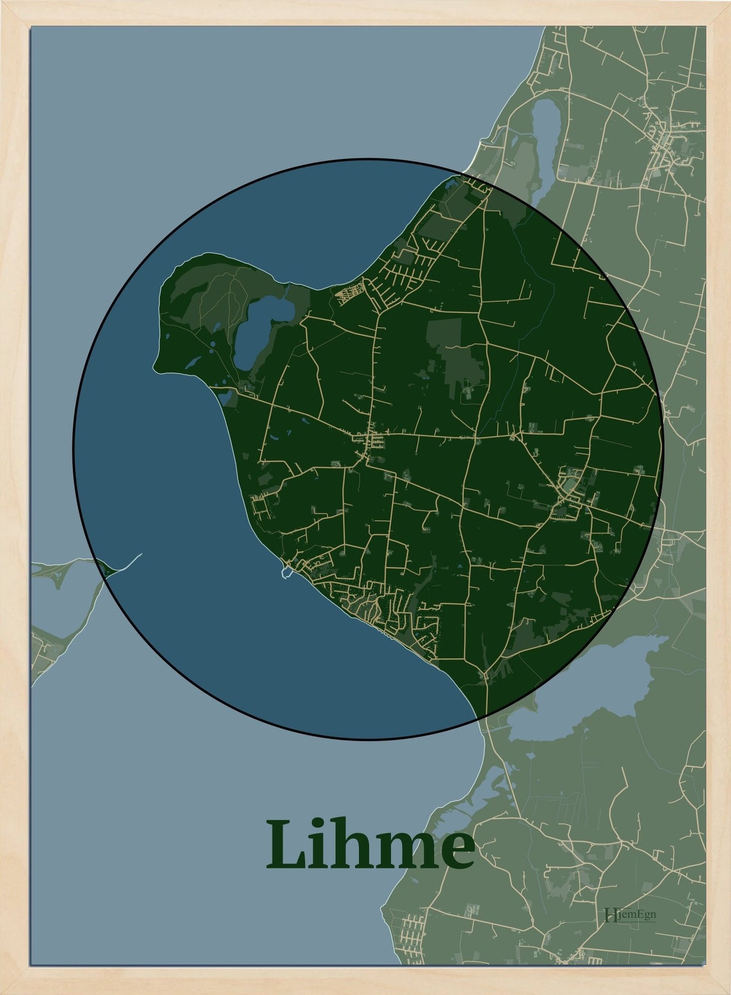 Lihme plakat i farve mørk grøn og HjemEgn.dk design centrum. Design bykort for Lihme