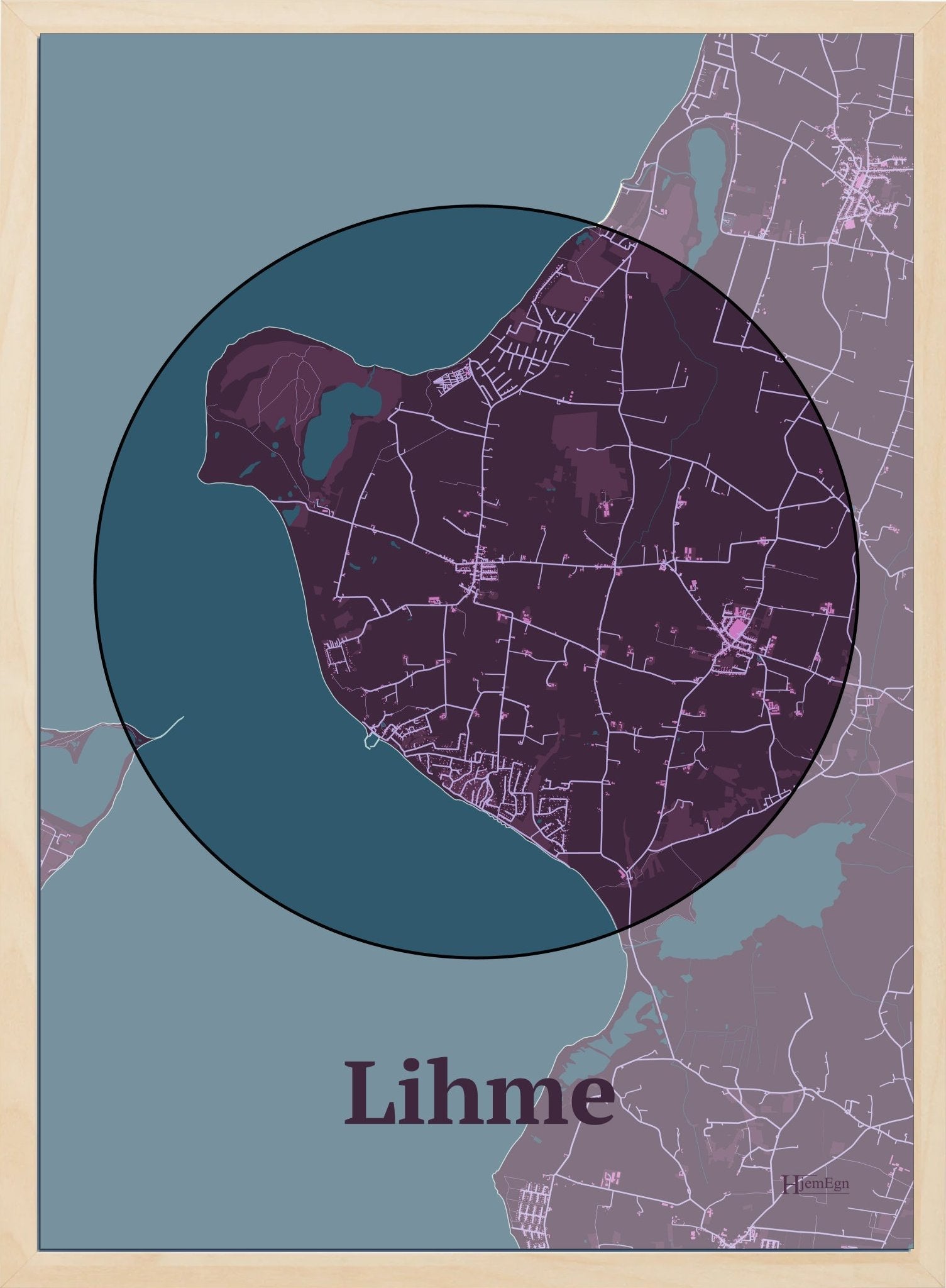 Lihme plakat i farve mørk rød og HjemEgn.dk design centrum. Design bykort for Lihme