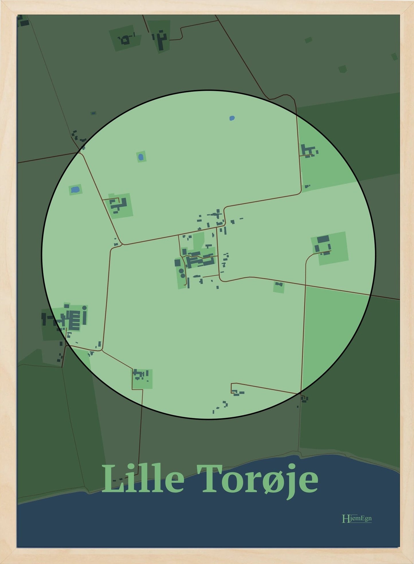 Lille Torøje plakat i farve pastel grøn og HjemEgn.dk design centrum. Design bykort for Lille Torøje