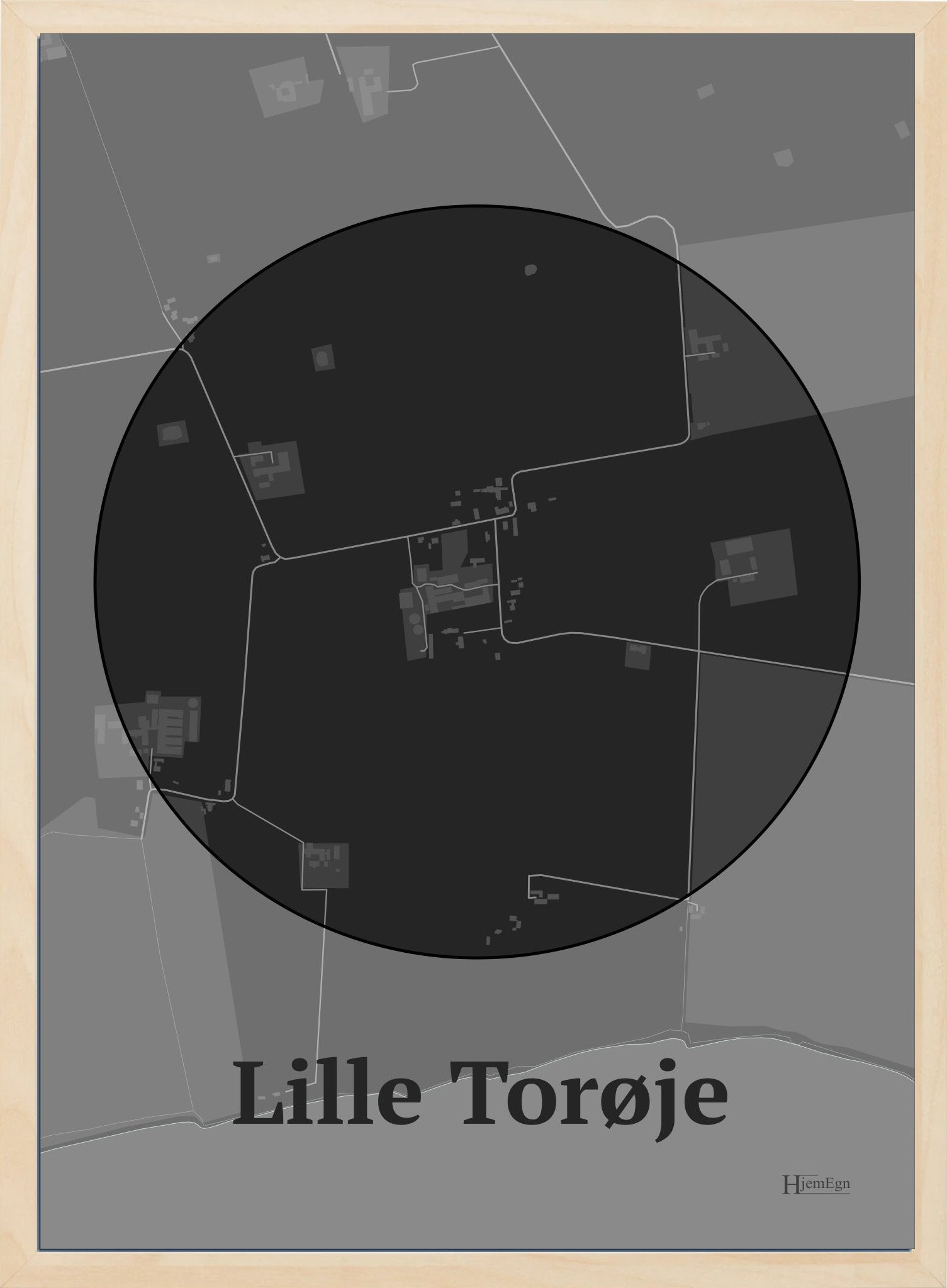 Lille Torøje plakat i farve mørk grå og HjemEgn.dk design centrum. Design bykort for Lille Torøje