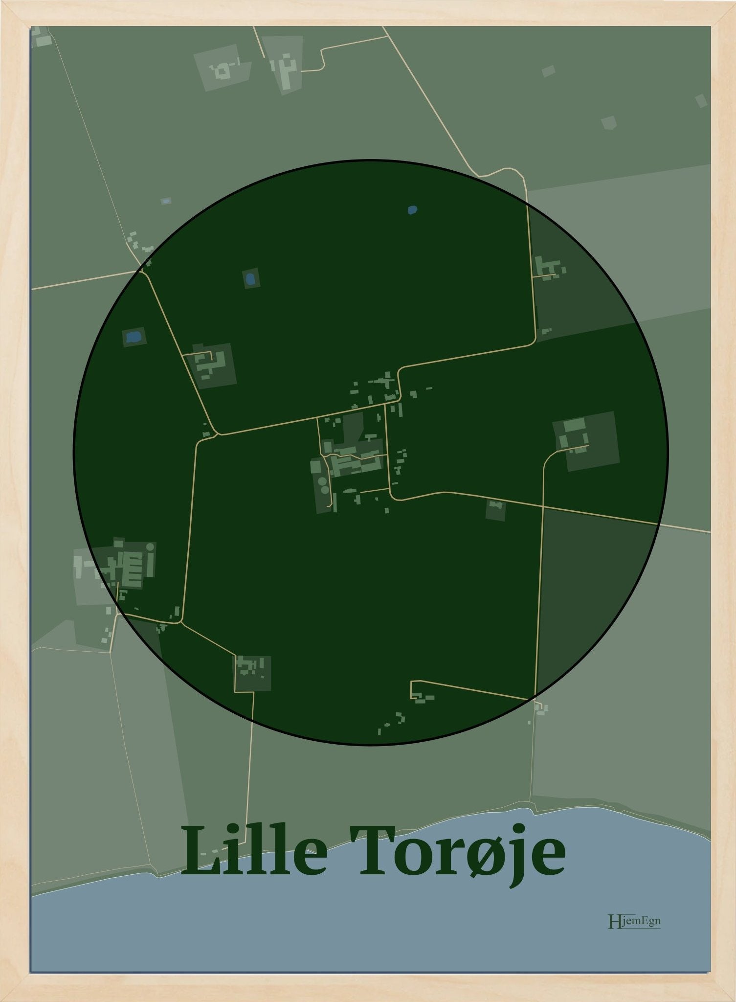 Lille Torøje plakat i farve mørk grøn og HjemEgn.dk design centrum. Design bykort for Lille Torøje