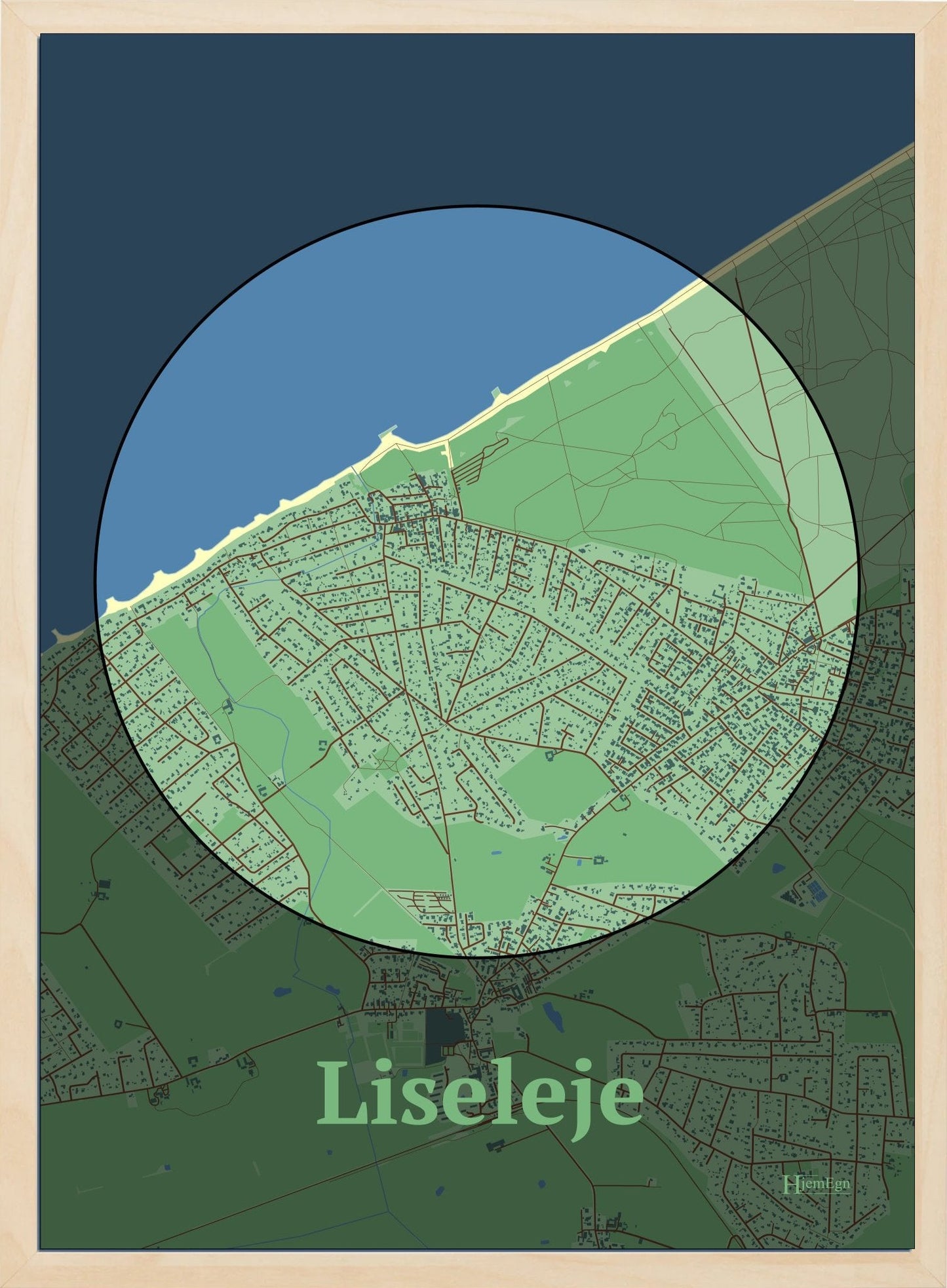 Liseleje plakat i farve pastel grøn og HjemEgn.dk design centrum. Design bykort for Liseleje