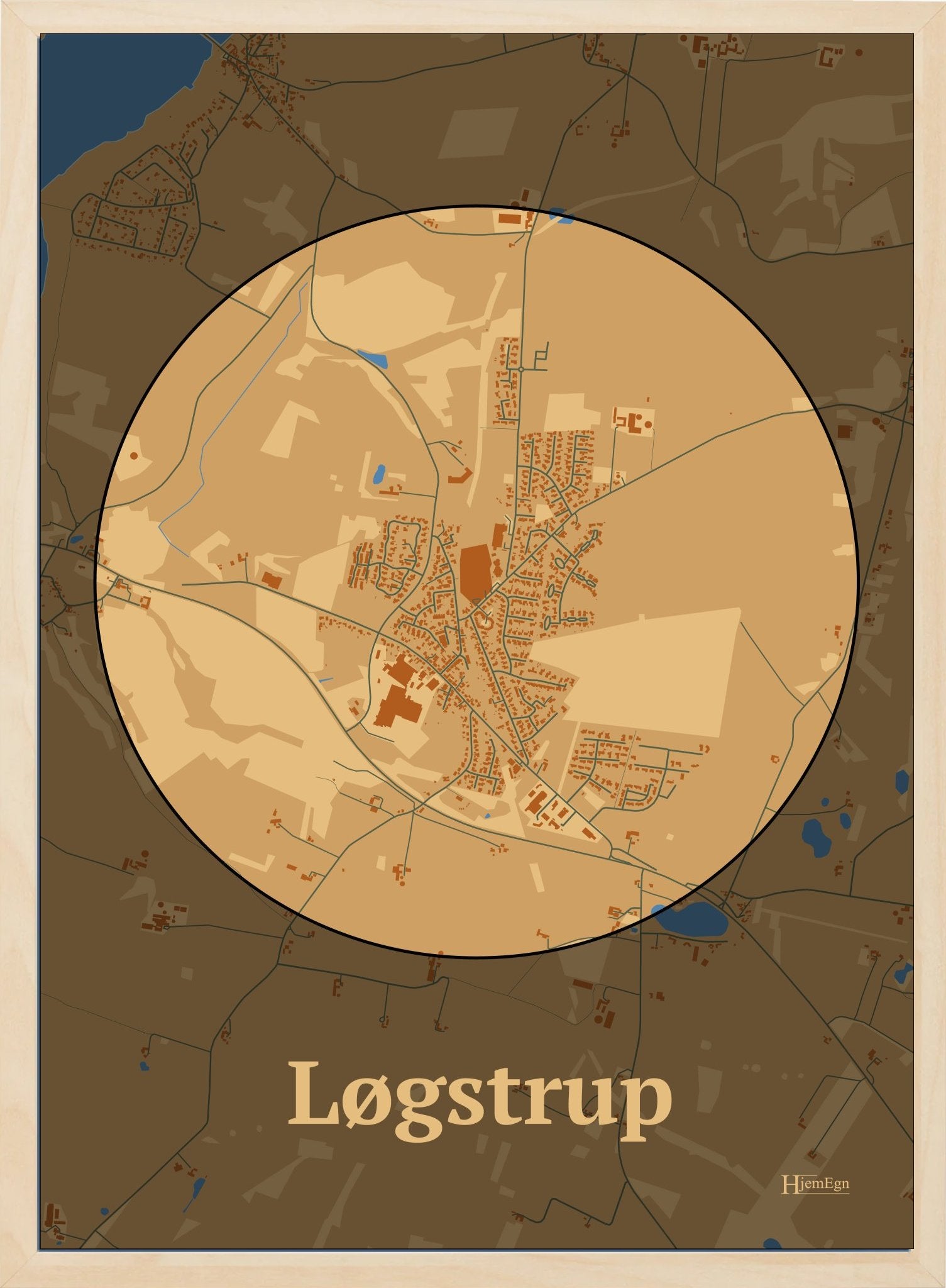 Løgstrup plakat i farve pastel brun og HjemEgn.dk design centrum. Design bykort for Løgstrup