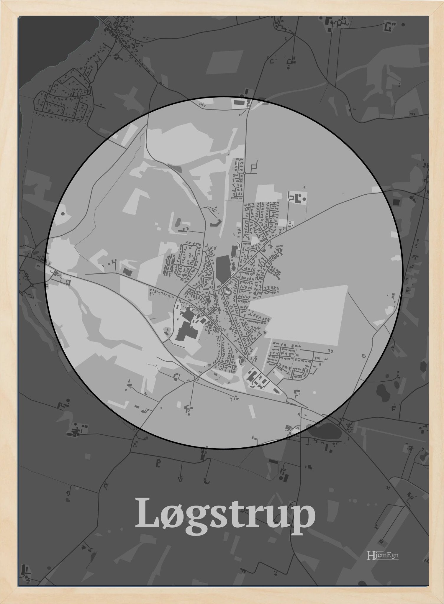 Løgstrup plakat i farve pastel grå og HjemEgn.dk design centrum. Design bykort for Løgstrup