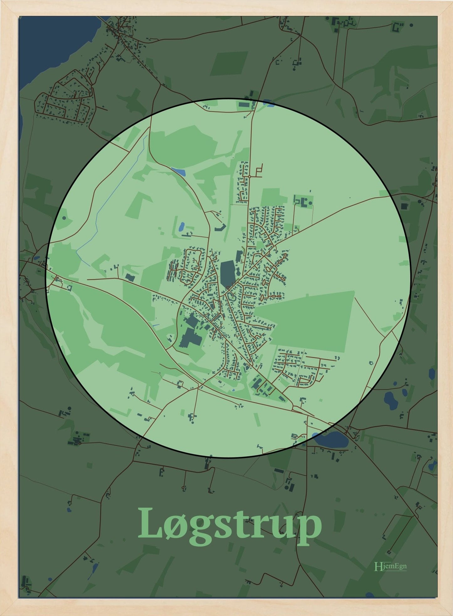Løgstrup plakat i farve pastel grøn og HjemEgn.dk design centrum. Design bykort for Løgstrup