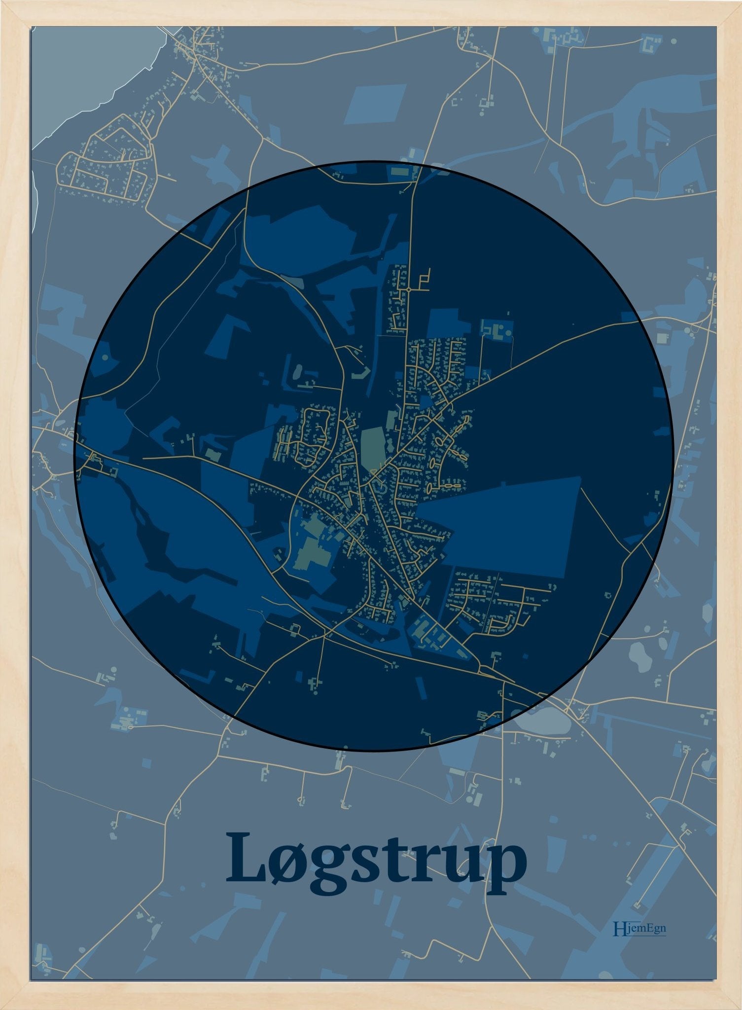 Løgstrup plakat i farve mørk blå og HjemEgn.dk design centrum. Design bykort for Løgstrup