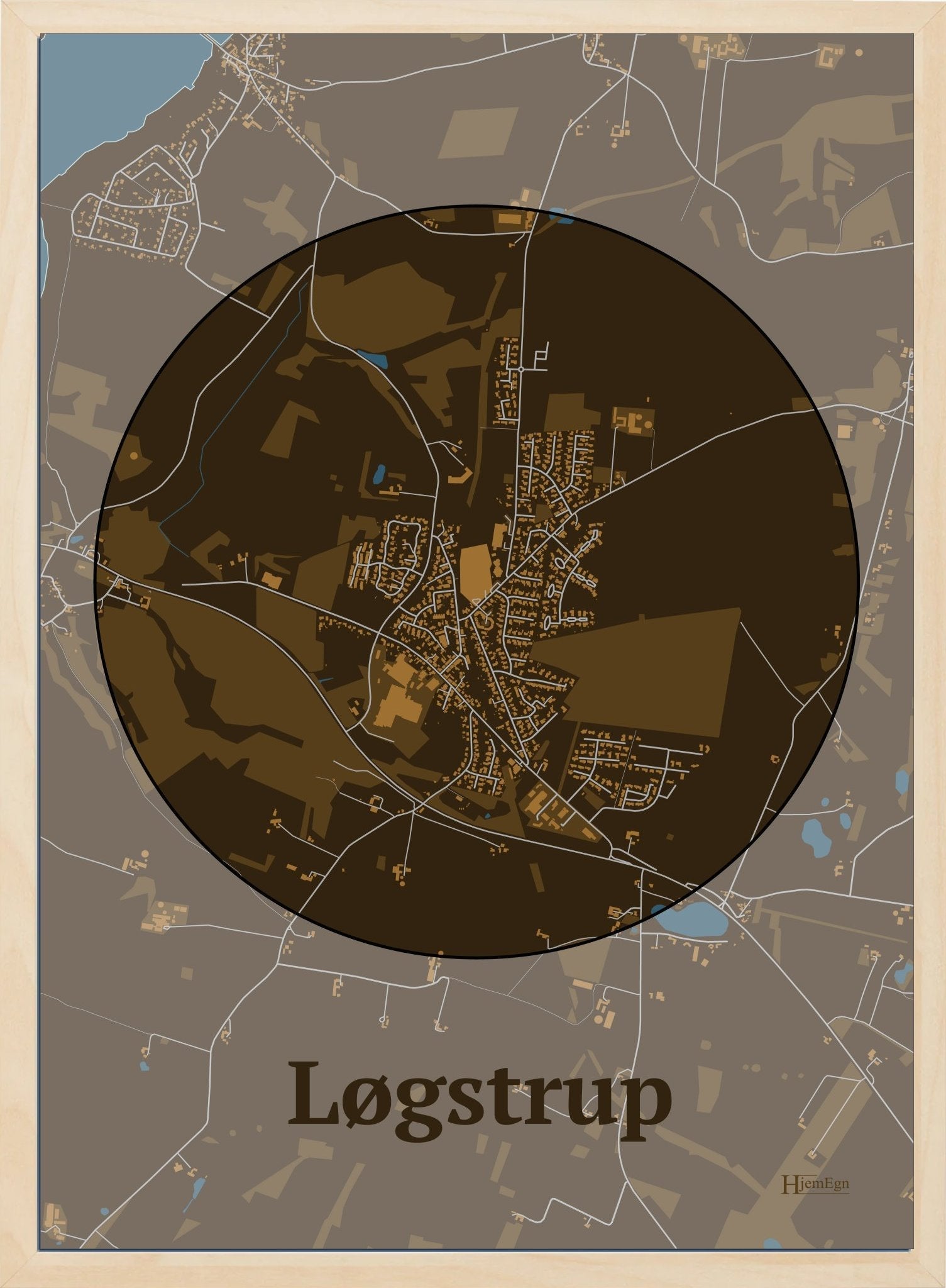 Løgstrup plakat i farve mørk brun og HjemEgn.dk design centrum. Design bykort for Løgstrup