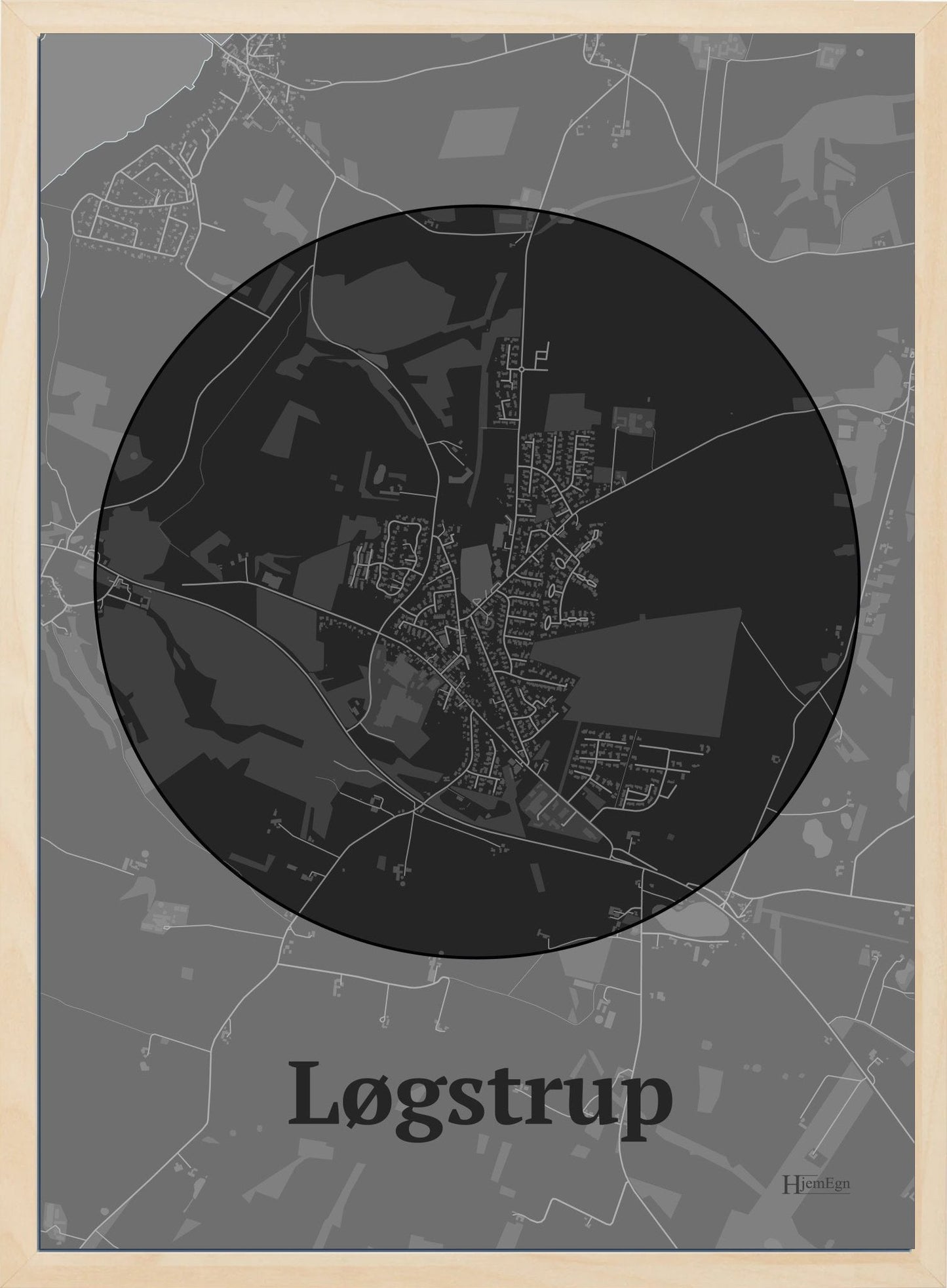 Løgstrup plakat i farve mørk grå og HjemEgn.dk design centrum. Design bykort for Løgstrup