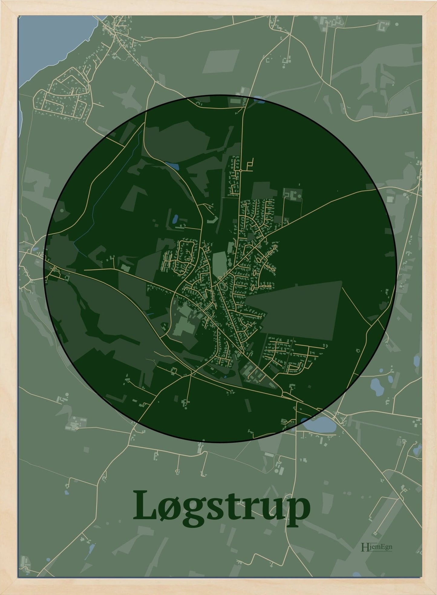 Løgstrup plakat i farve mørk grøn og HjemEgn.dk design centrum. Design bykort for Løgstrup