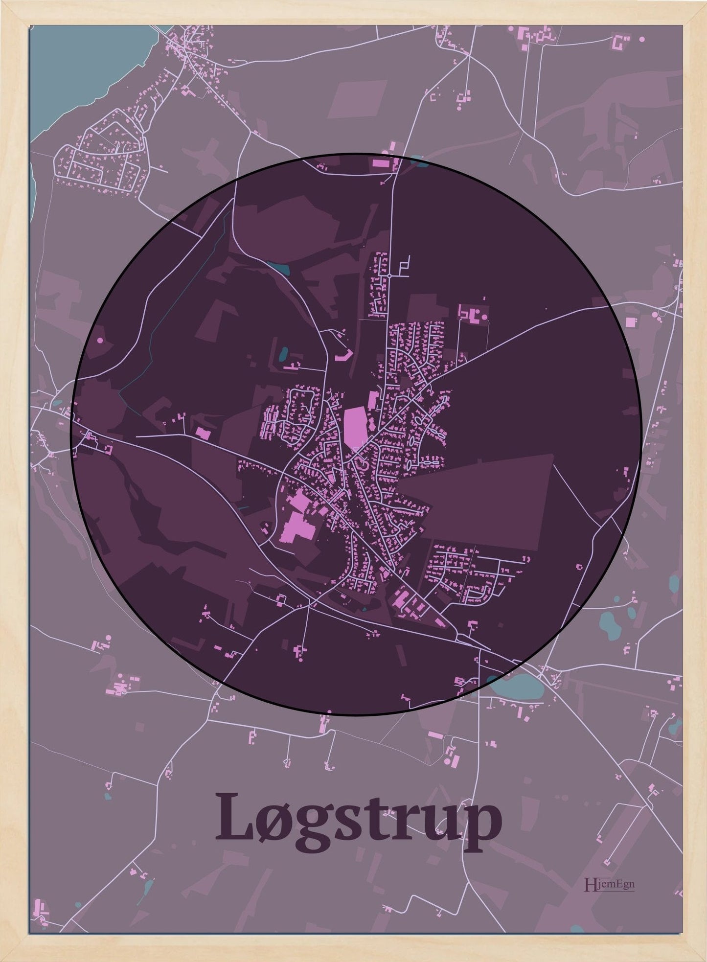 Løgstrup plakat i farve mørk rød og HjemEgn.dk design centrum. Design bykort for Løgstrup