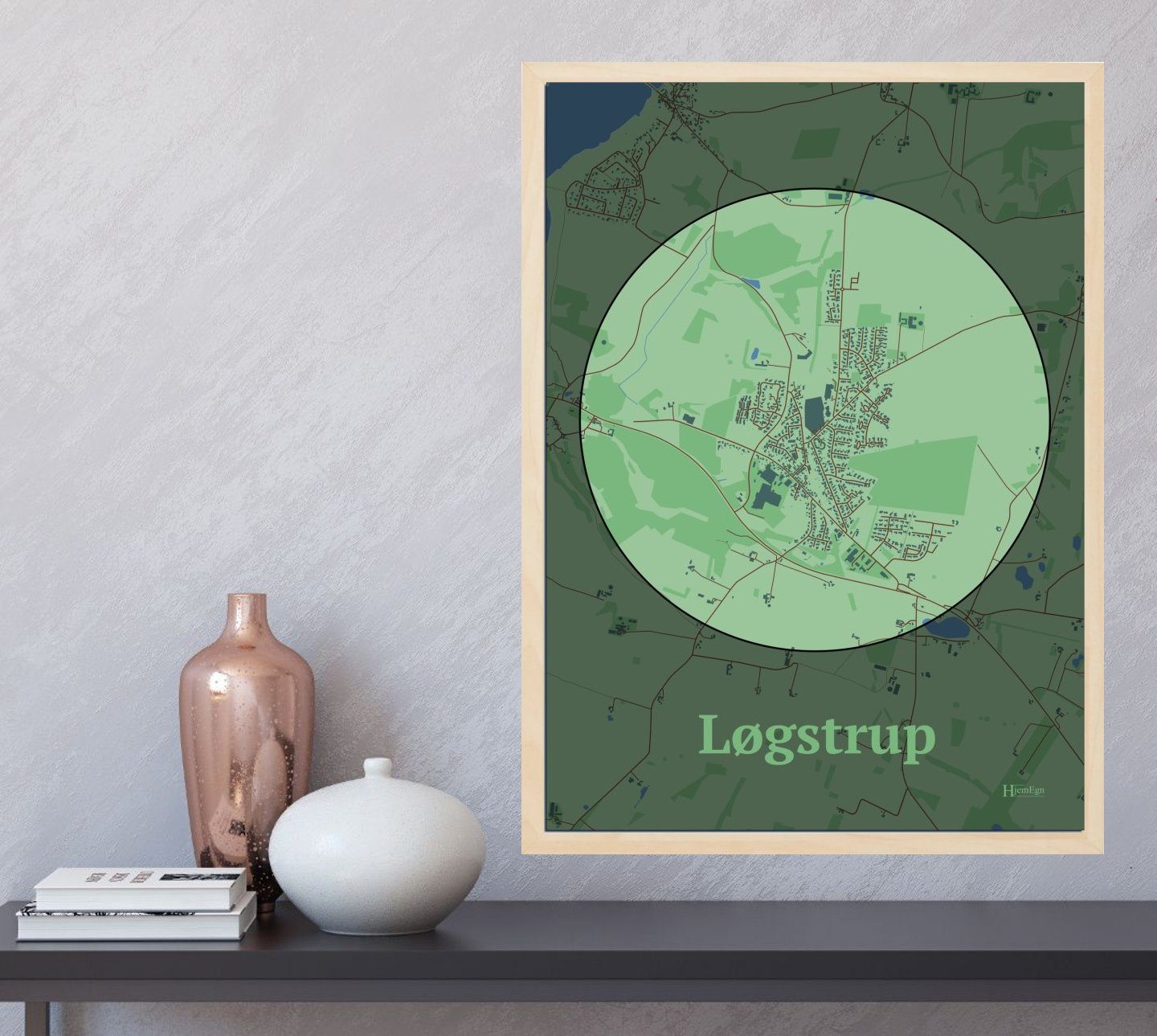 Løgstrup plakat i farve  og HjemEgn.dk design centrum. Design bykort for Løgstrup