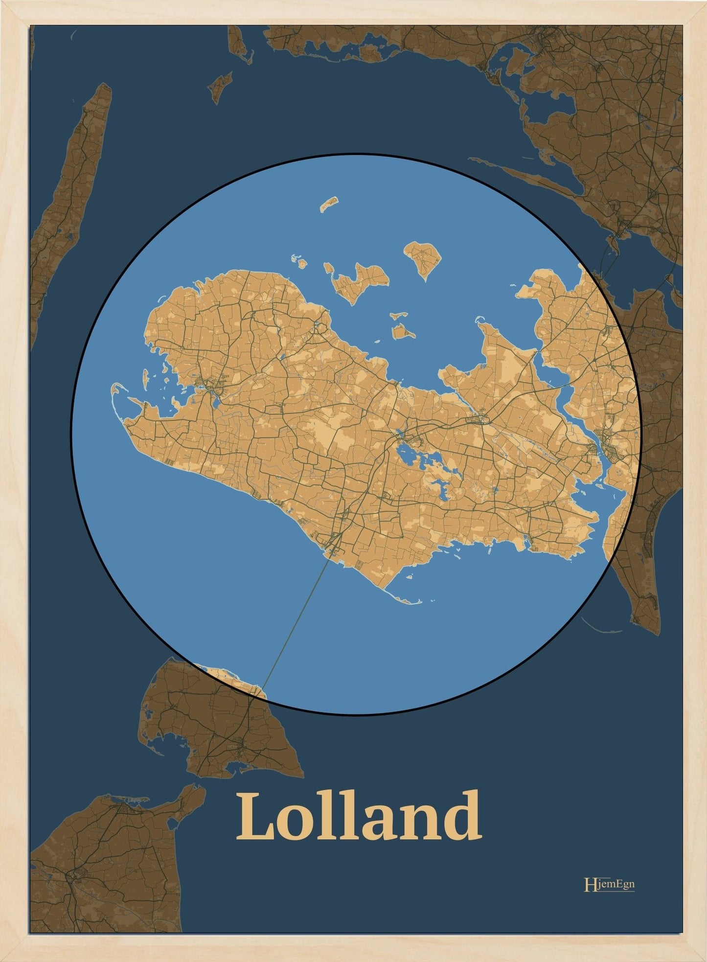 Lolland plakat i farve pastel brun og HjemEgn.dk design centrum. Design ø-kort for Lolland