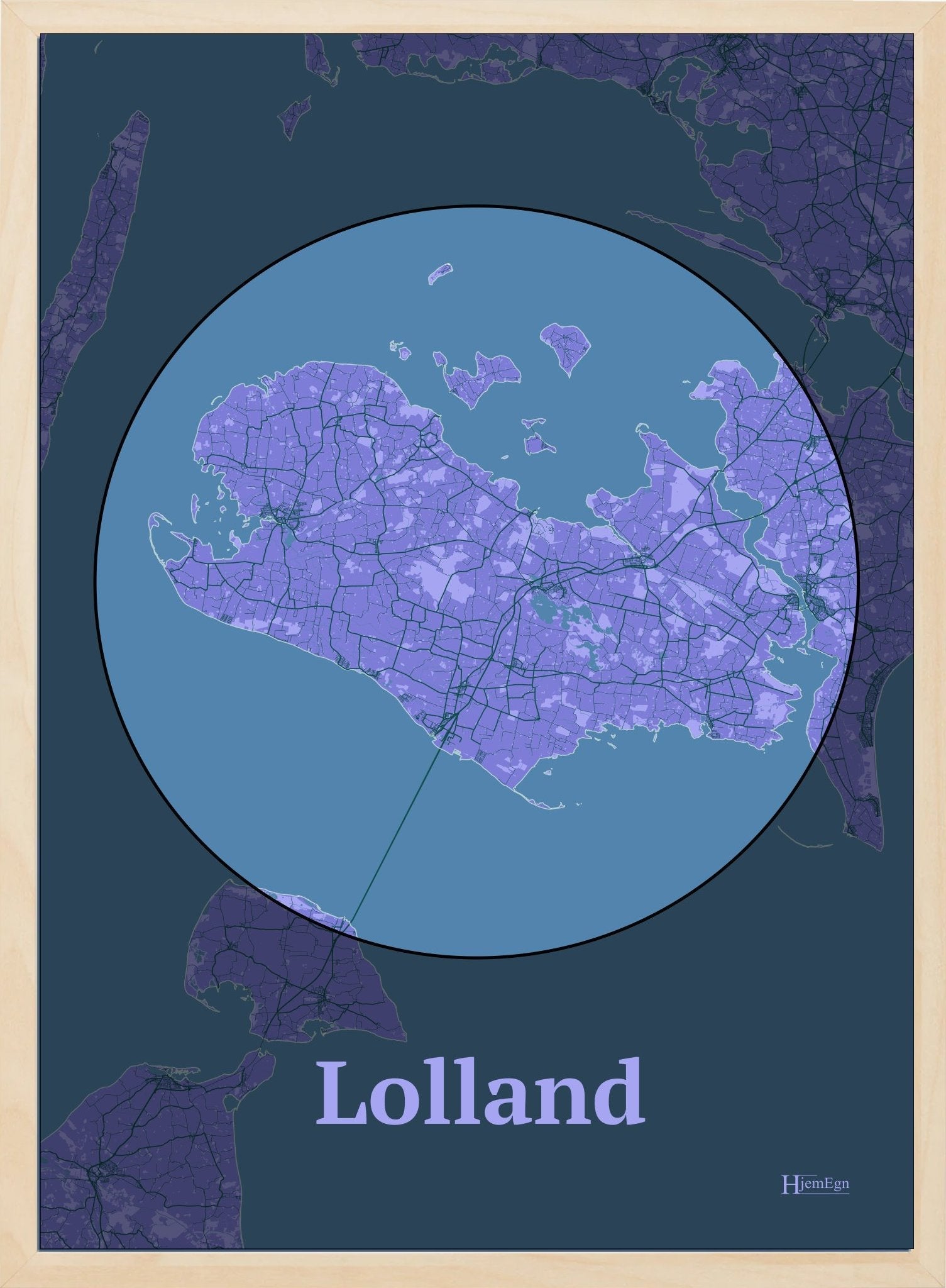 Lolland plakat i farve pastel lilla og HjemEgn.dk design centrum. Design ø-kort for Lolland