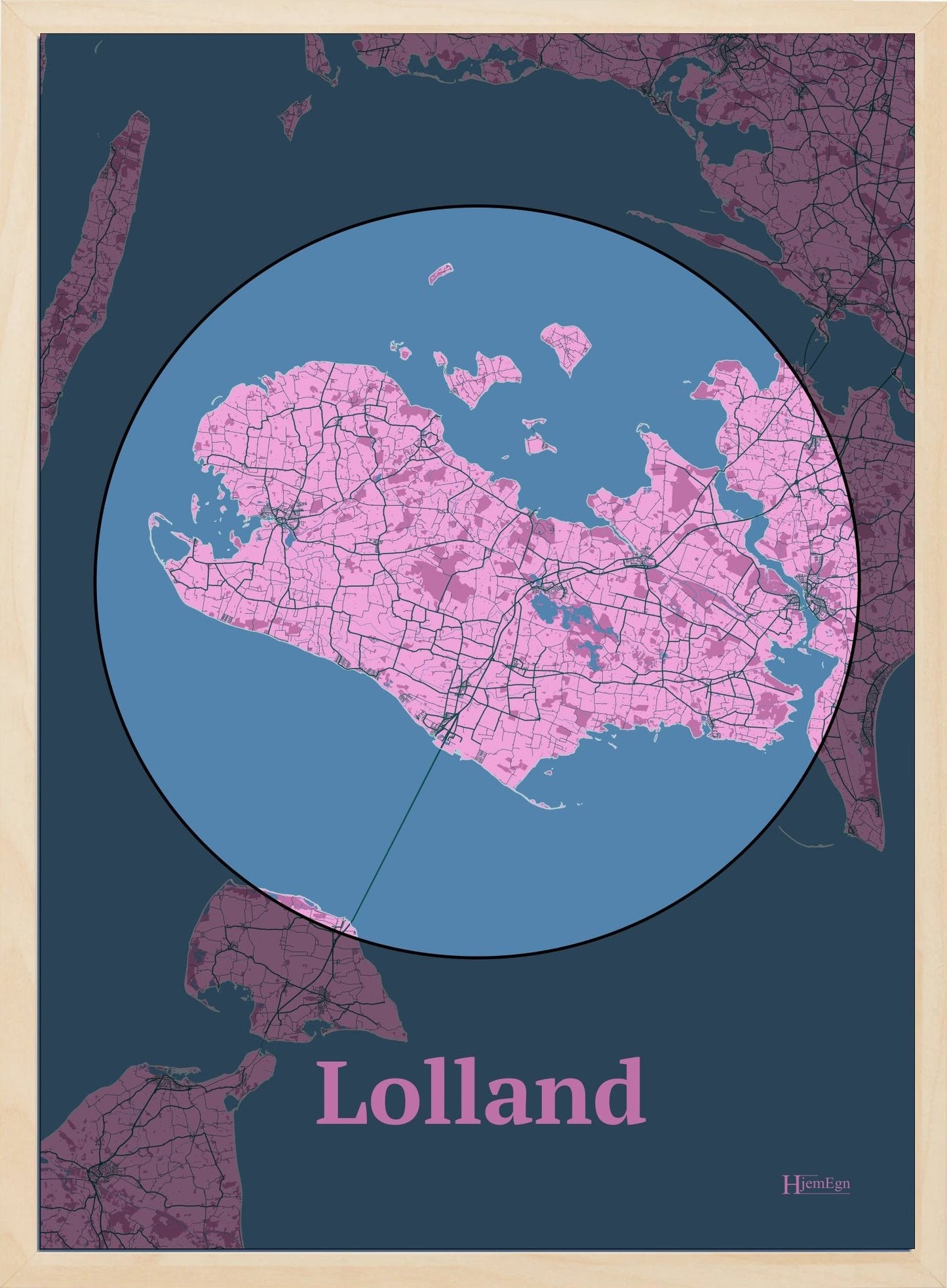 Lolland plakat i farve pastel rød og HjemEgn.dk design centrum. Design ø-kort for Lolland