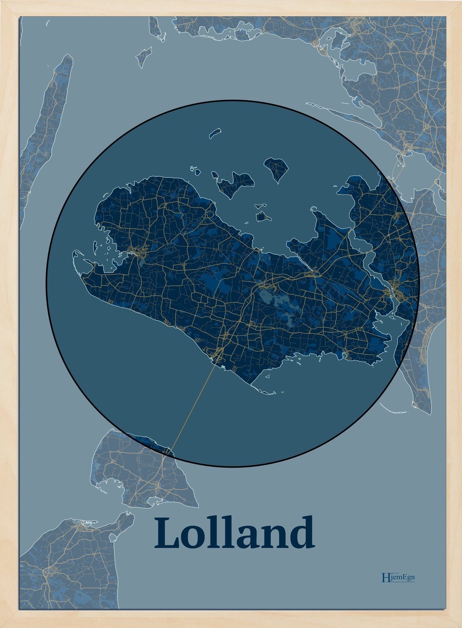 Lolland plakat i farve mørk blå og HjemEgn.dk design centrum. Design ø-kort for Lolland