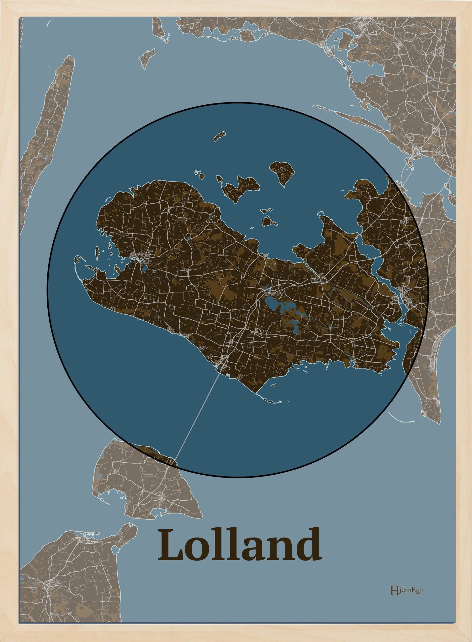 Lolland plakat i farve mørk brun og HjemEgn.dk design centrum. Design ø-kort for Lolland