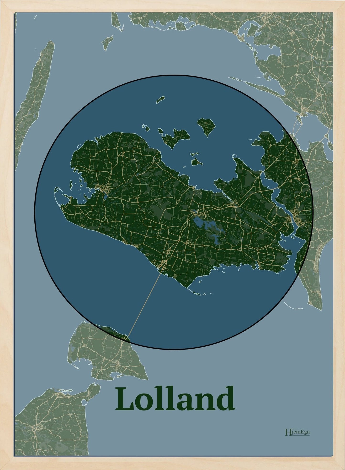 Lolland plakat i farve mørk grøn og HjemEgn.dk design centrum. Design ø-kort for Lolland