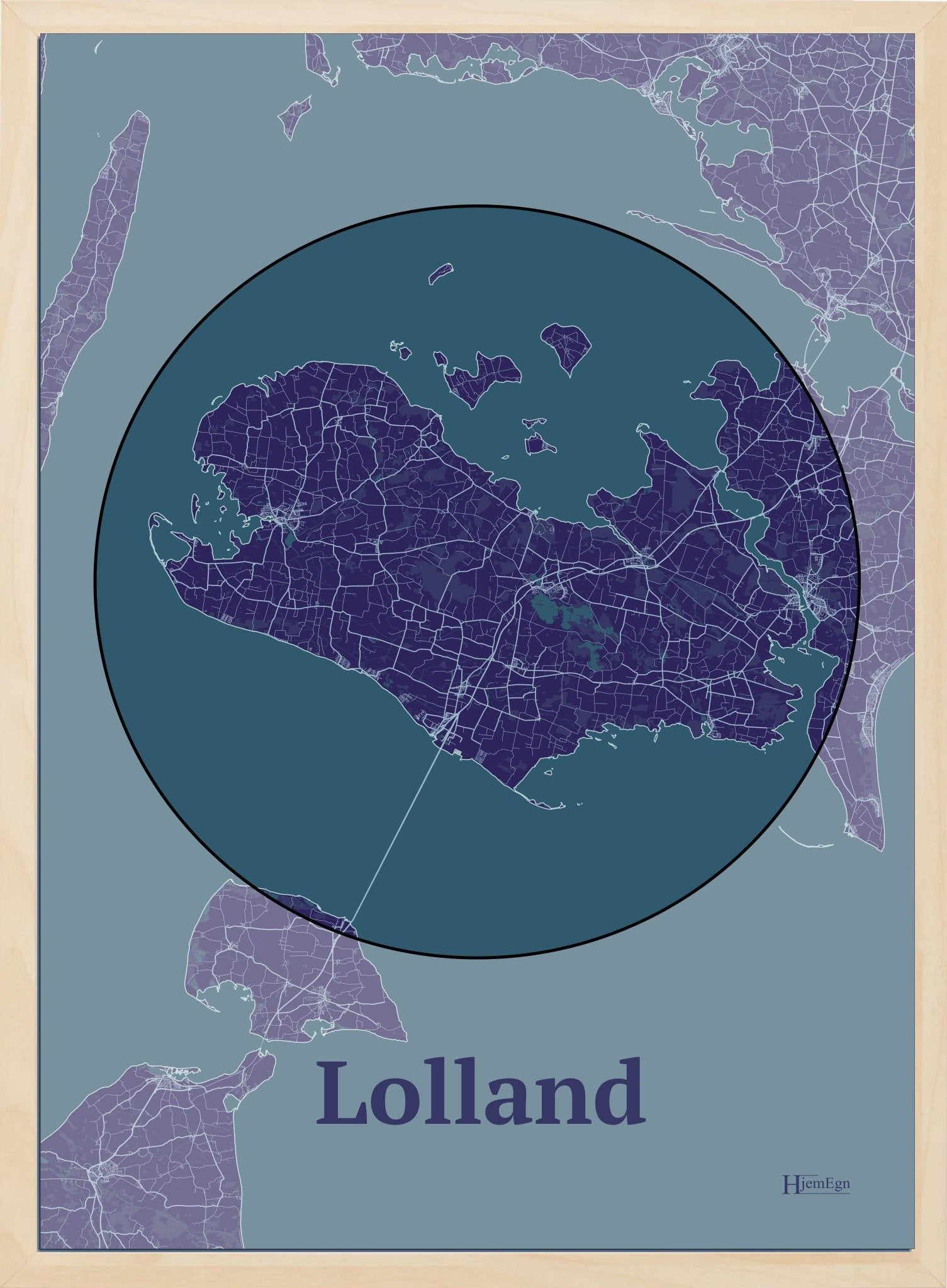 Lolland plakat i farve mørk lilla og HjemEgn.dk design centrum. Design ø-kort for Lolland