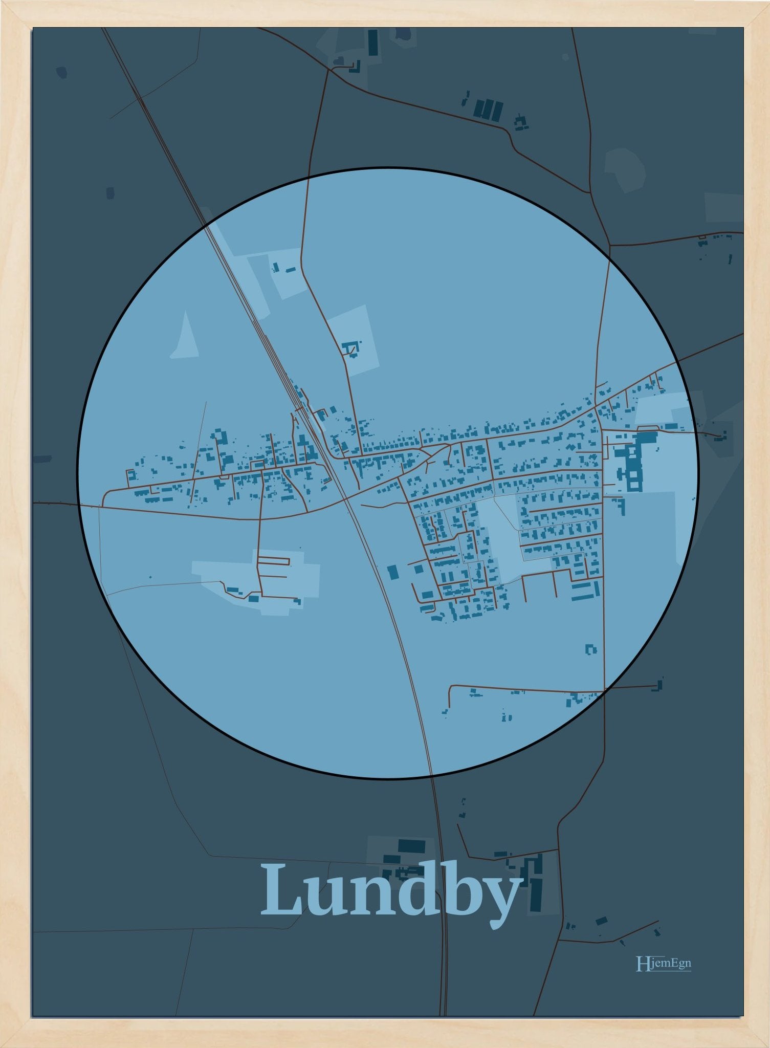 Lundby plakat i farve pastel blå og HjemEgn.dk design centrum. Design bykort for Lundby