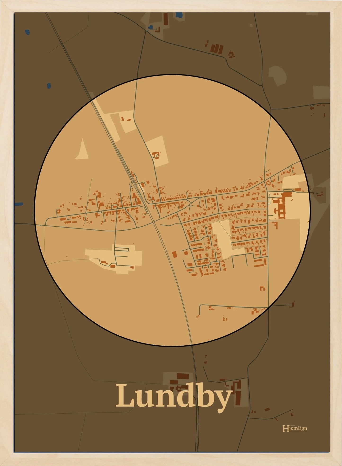 Lundby plakat i farve pastel brun og HjemEgn.dk design centrum. Design bykort for Lundby