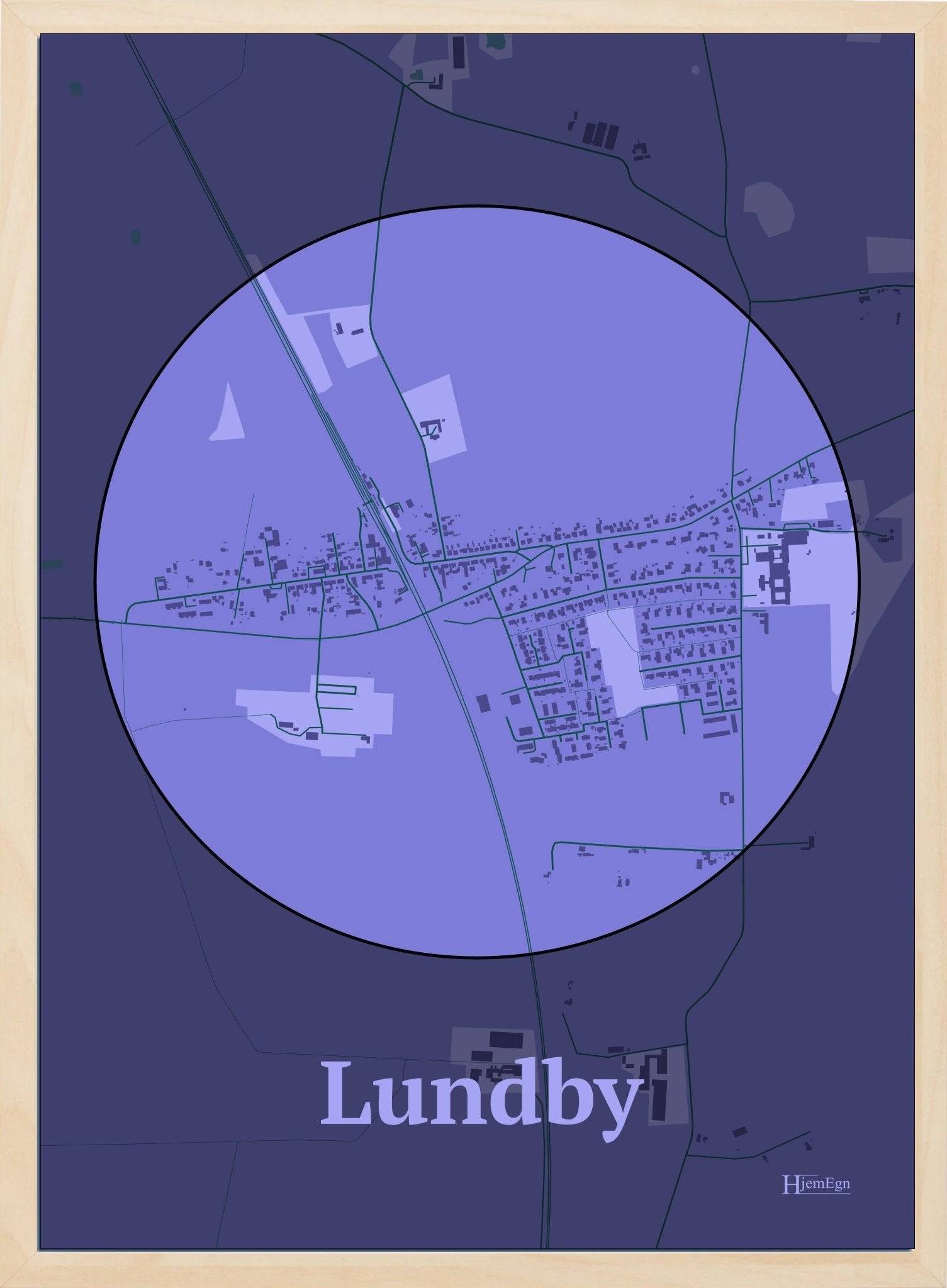 Lundby plakat i farve pastel lilla og HjemEgn.dk design centrum. Design bykort for Lundby