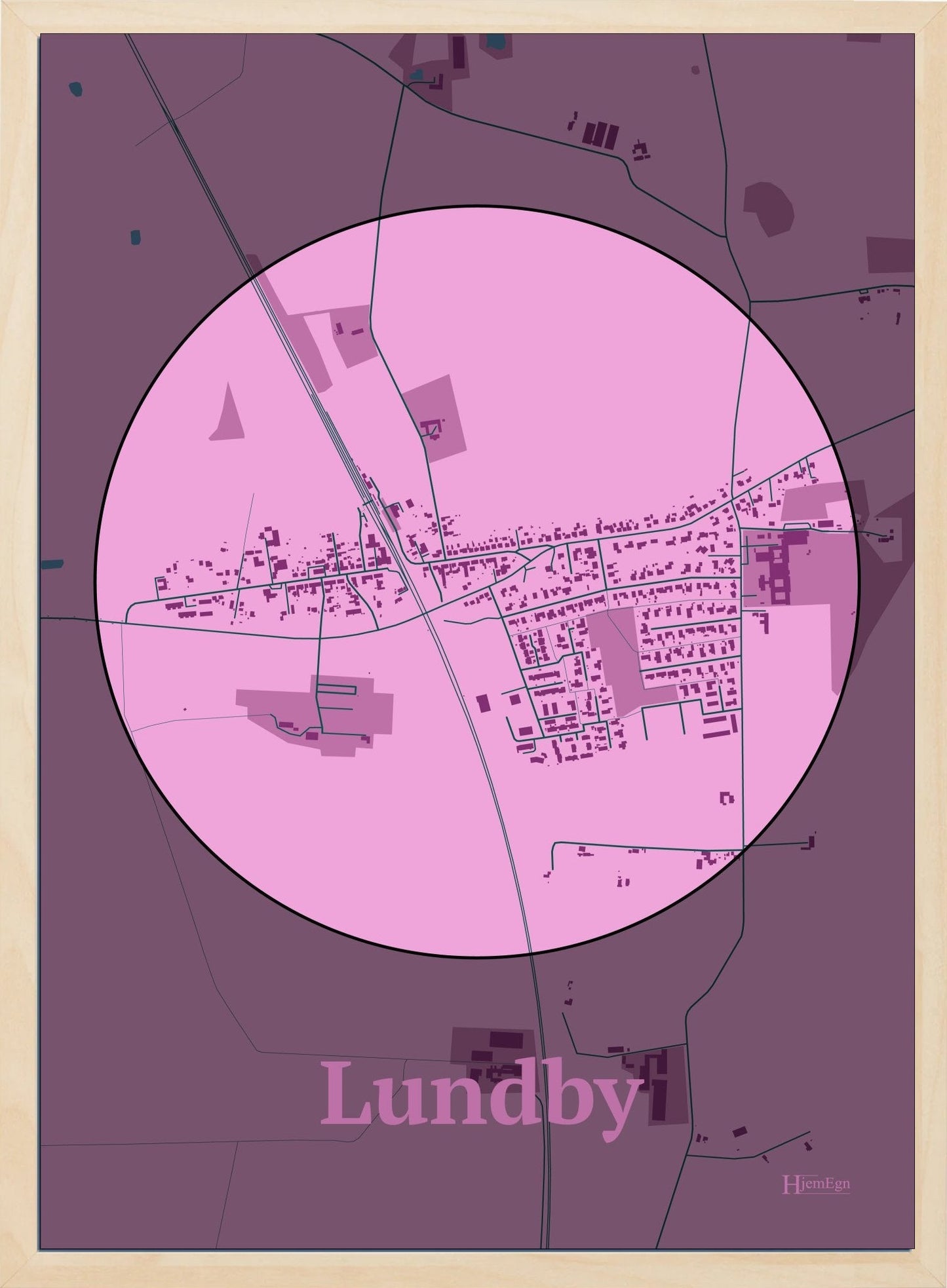 Lundby plakat i farve pastel rød og HjemEgn.dk design centrum. Design bykort for Lundby